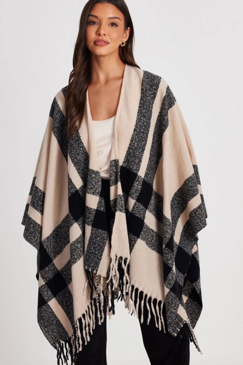 Cream Check Print Tassel Cape