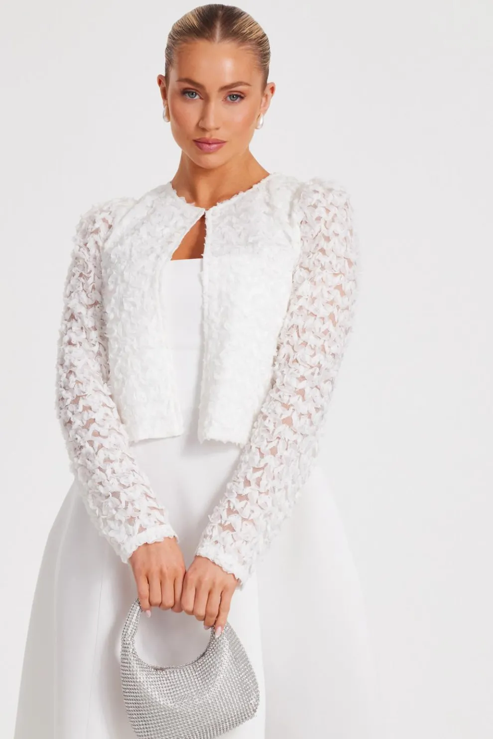 Cream Chiffon Floral Cropped Jacket