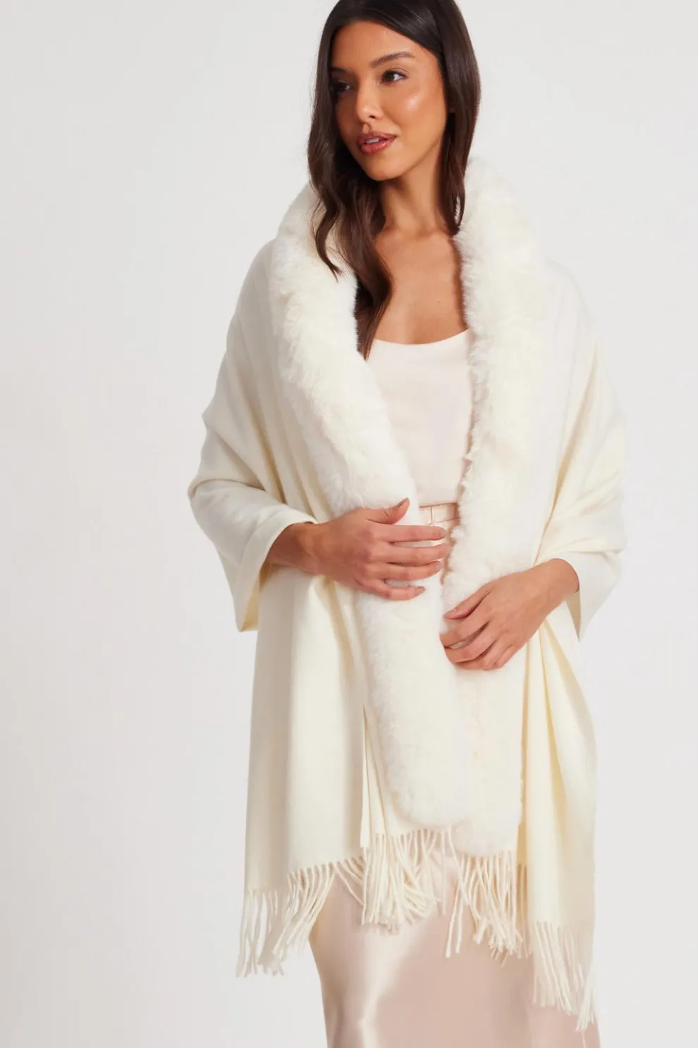 Cream Faux Fur Trim Cape