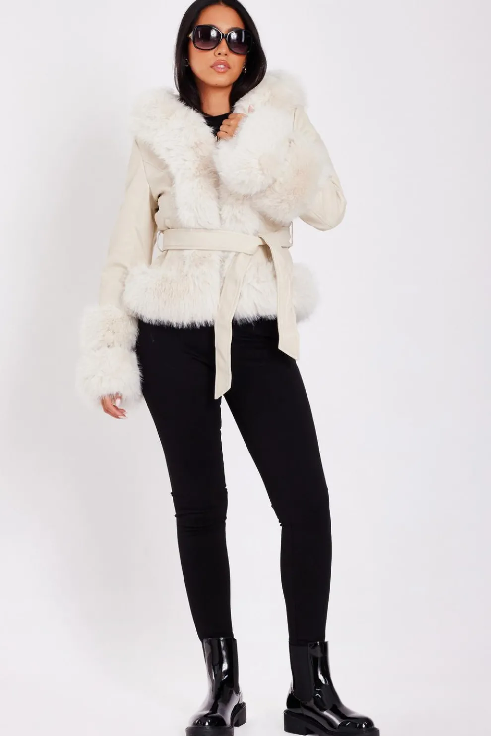 Cream Faux Leather Belted Jacket