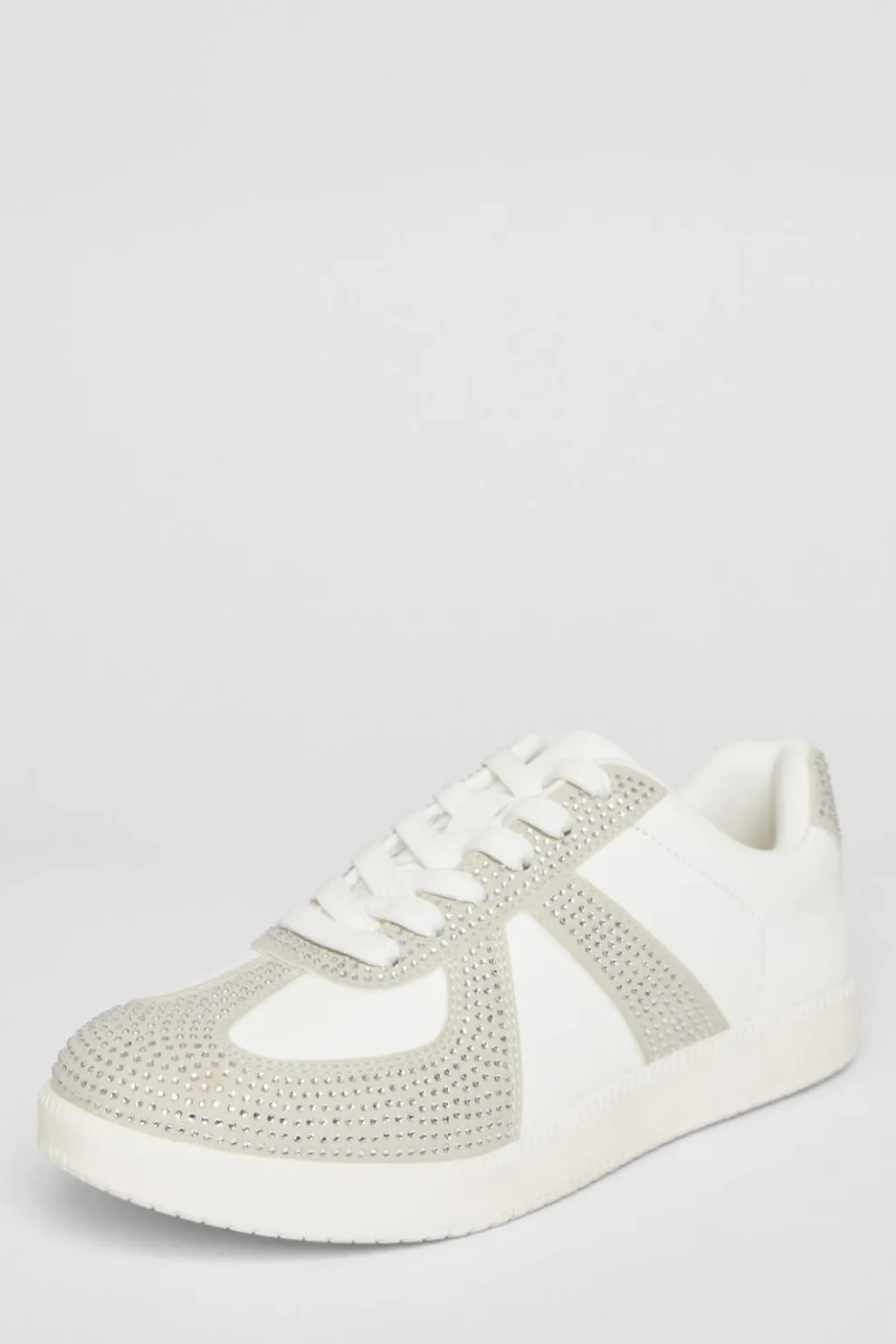 Cream Faux Leather Diamante Trainers