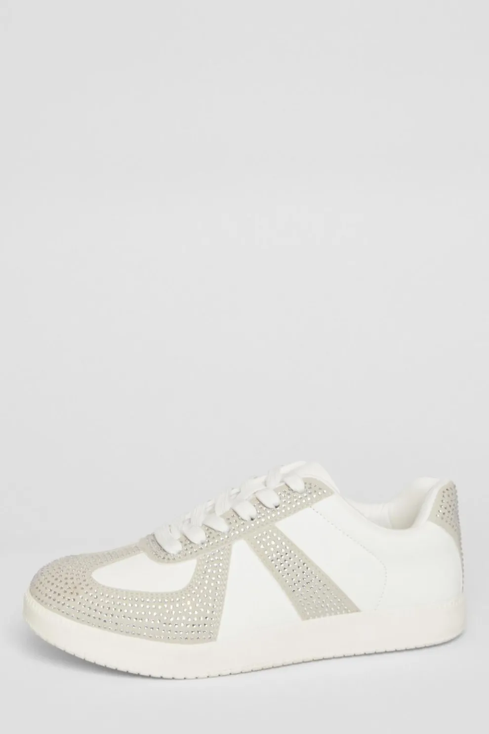 Cream Faux Leather Diamante Trainers