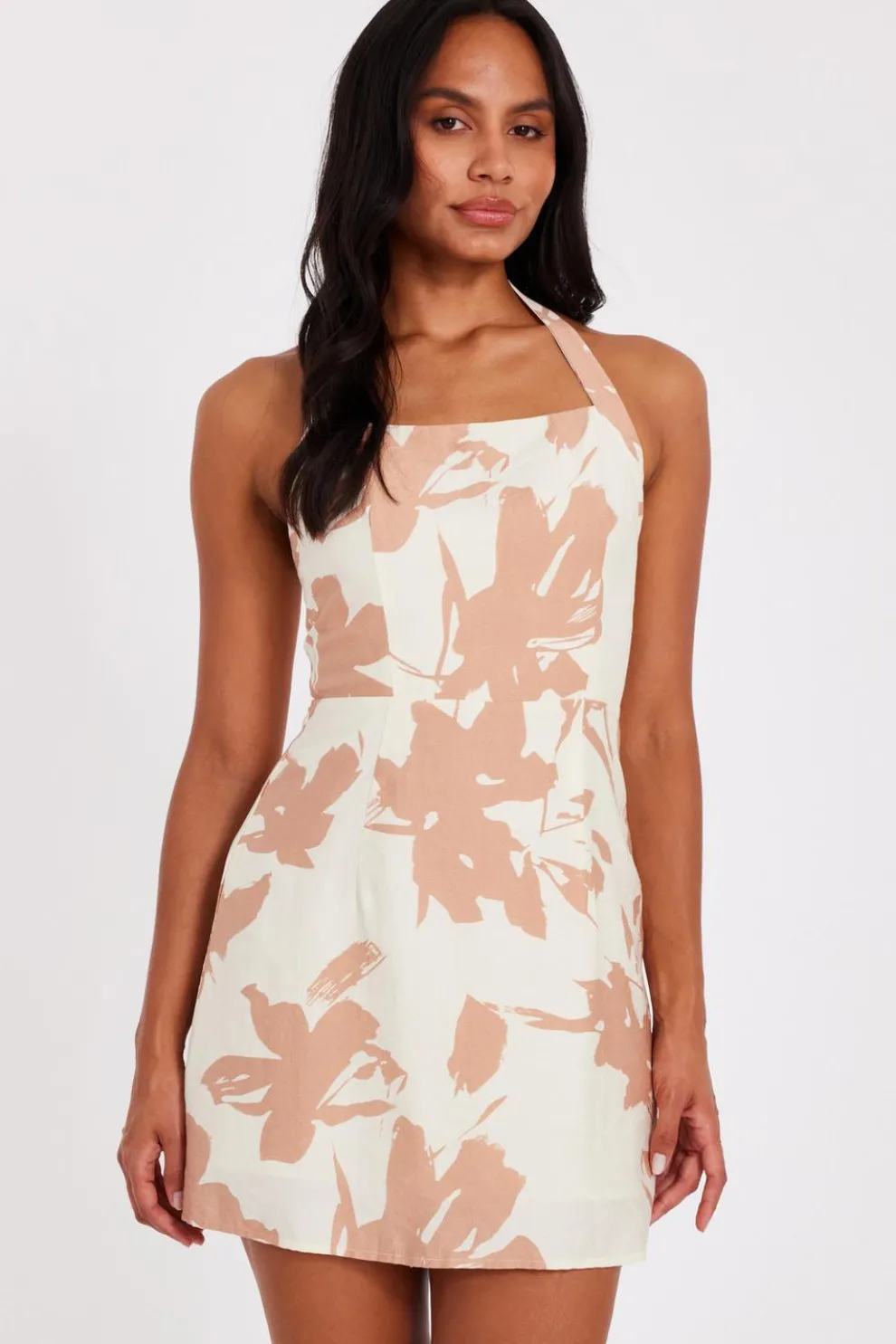 Cream Floral Halter Neck Dress