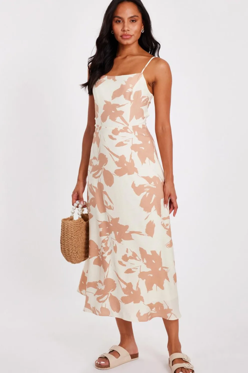 Cream Floral Print Midi Dress