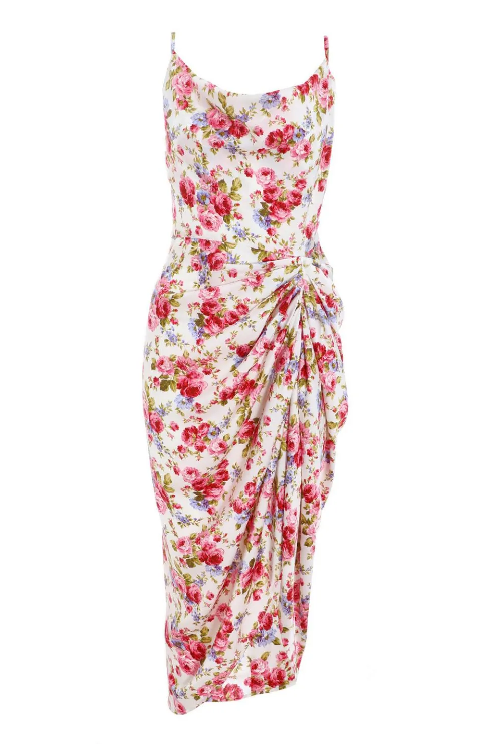 Cream Floral Satin Ruched Midi Dress
