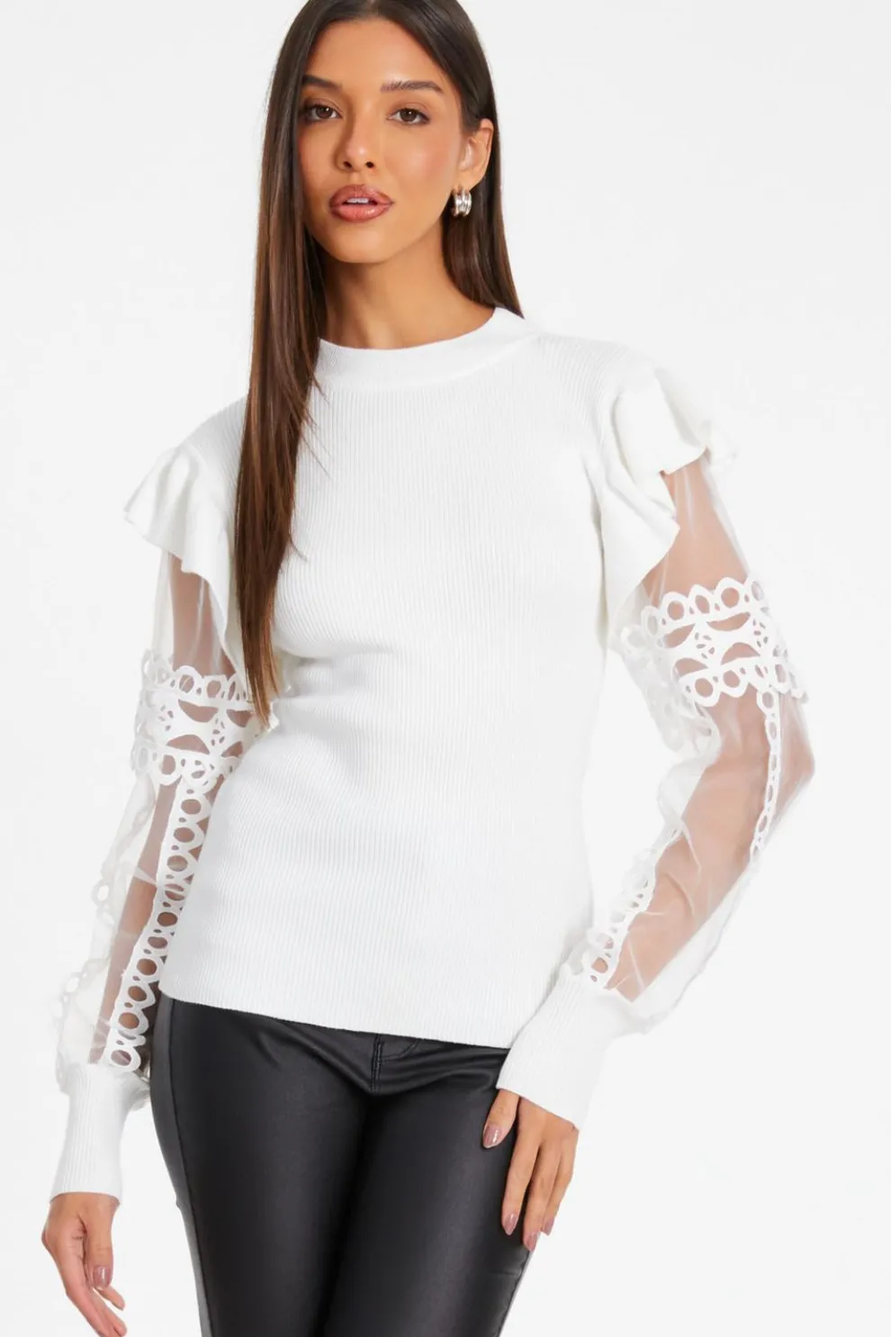 Cream Knit Mesh Sleeve Jumper