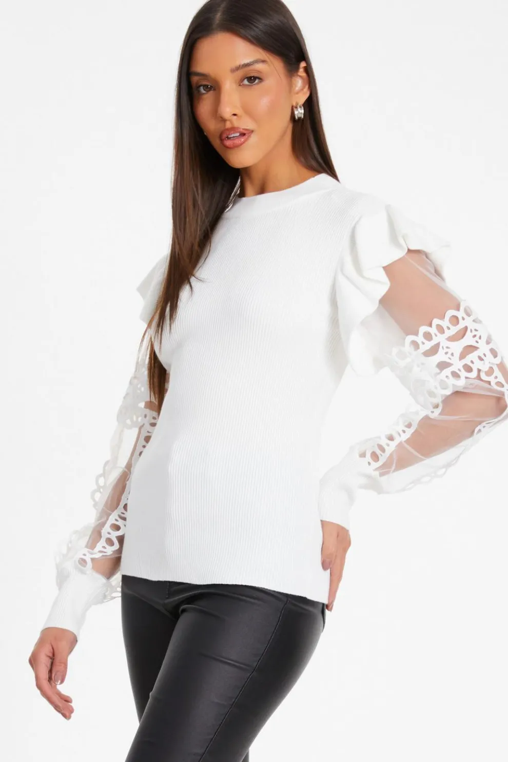 Cream Knit Mesh Sleeve Jumper