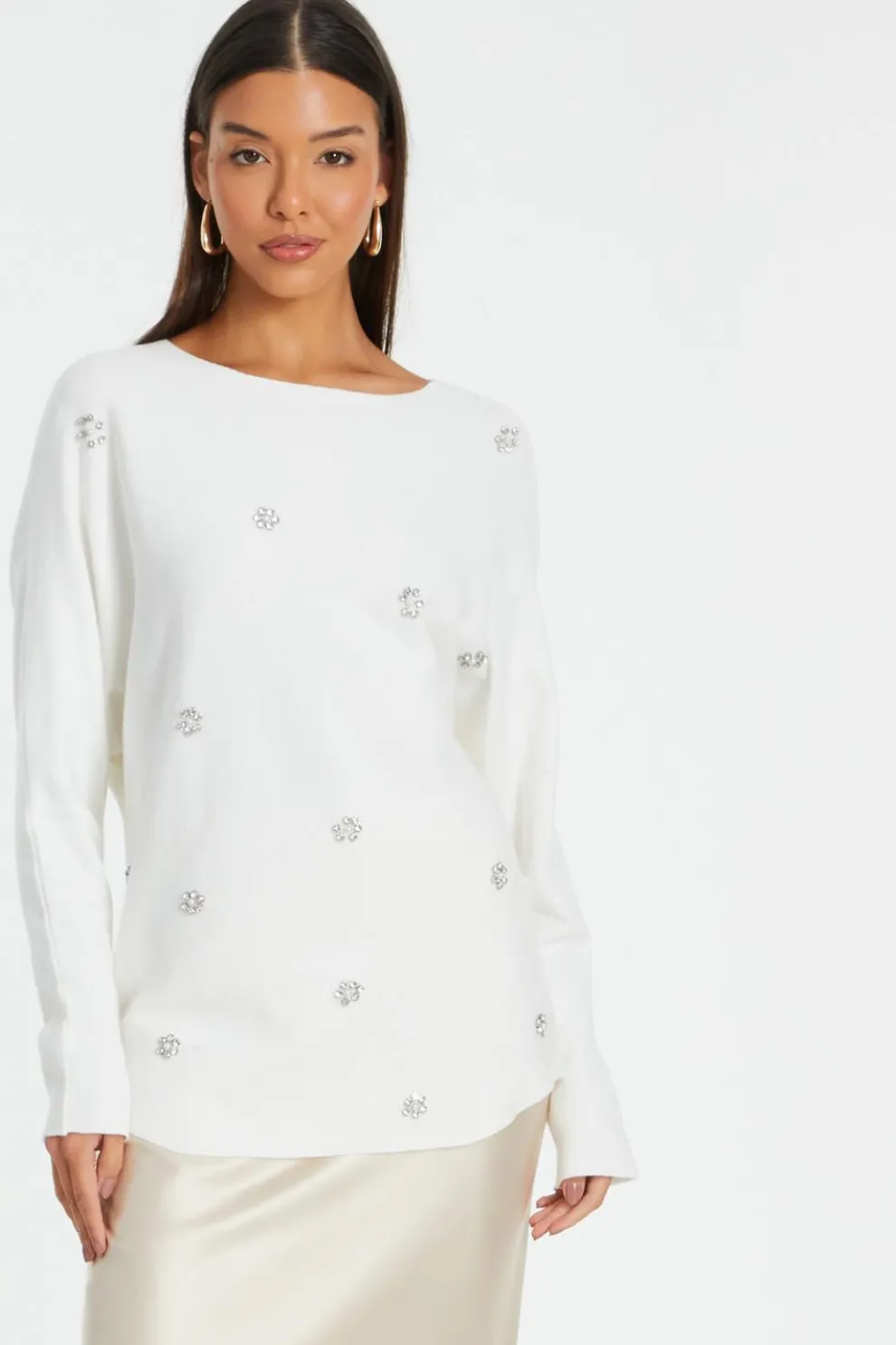 Cream Knitted Beaded Batwing Jumper