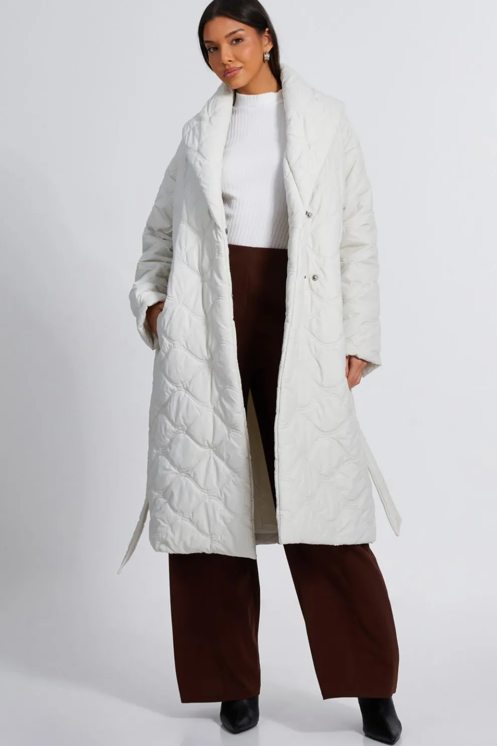 Cream Quilted Long Line Coat
