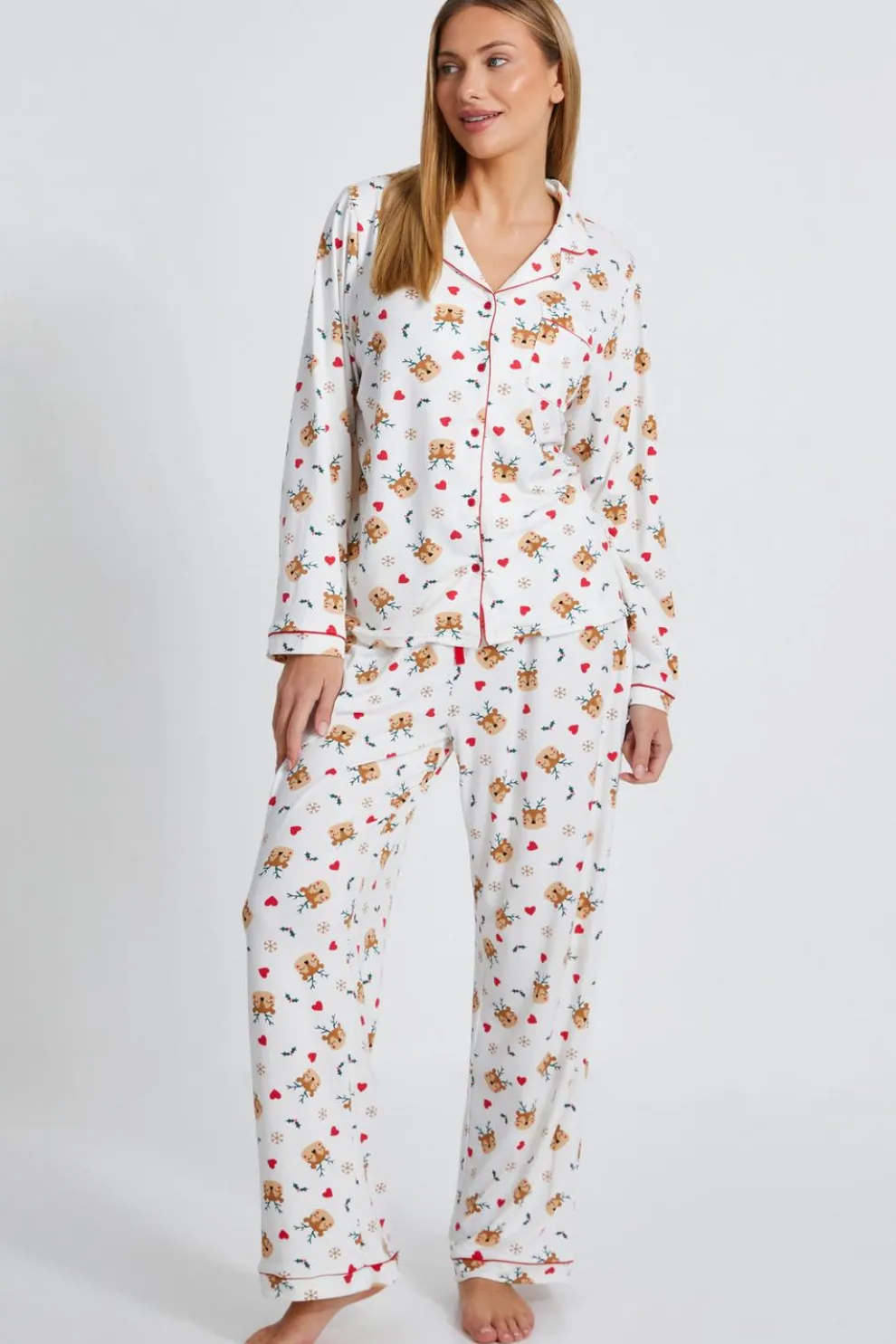 Cream Reindeer Print Long Pyjama Set