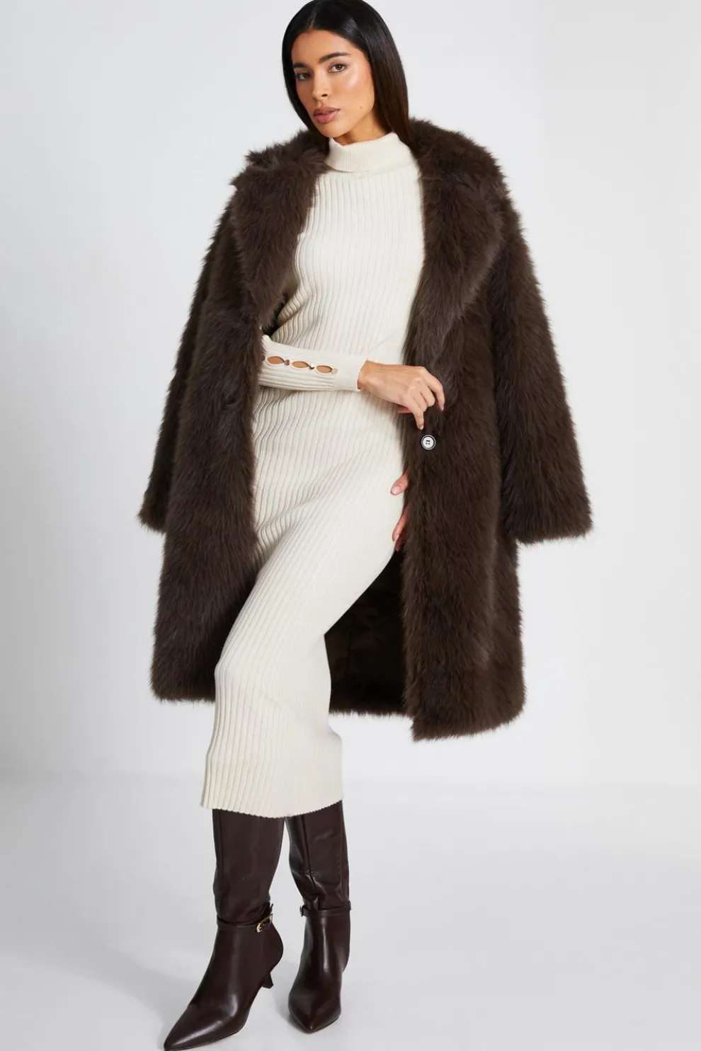 Cream Ribbed Knit Jumper Dress