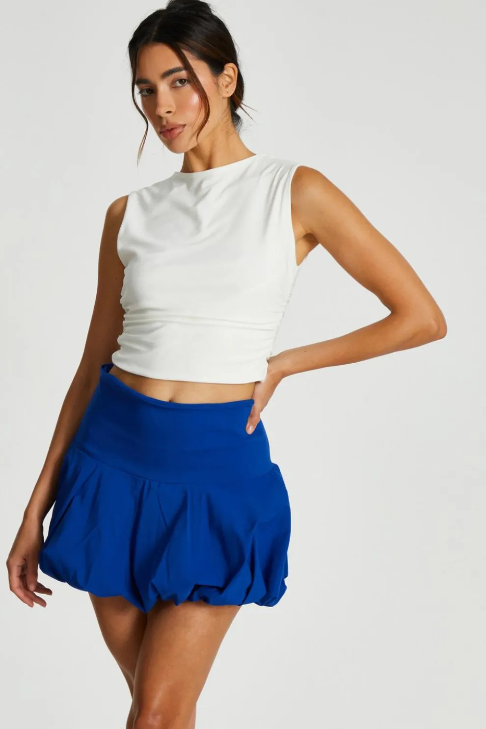 Cream Ruched Sleeveless Crop Top