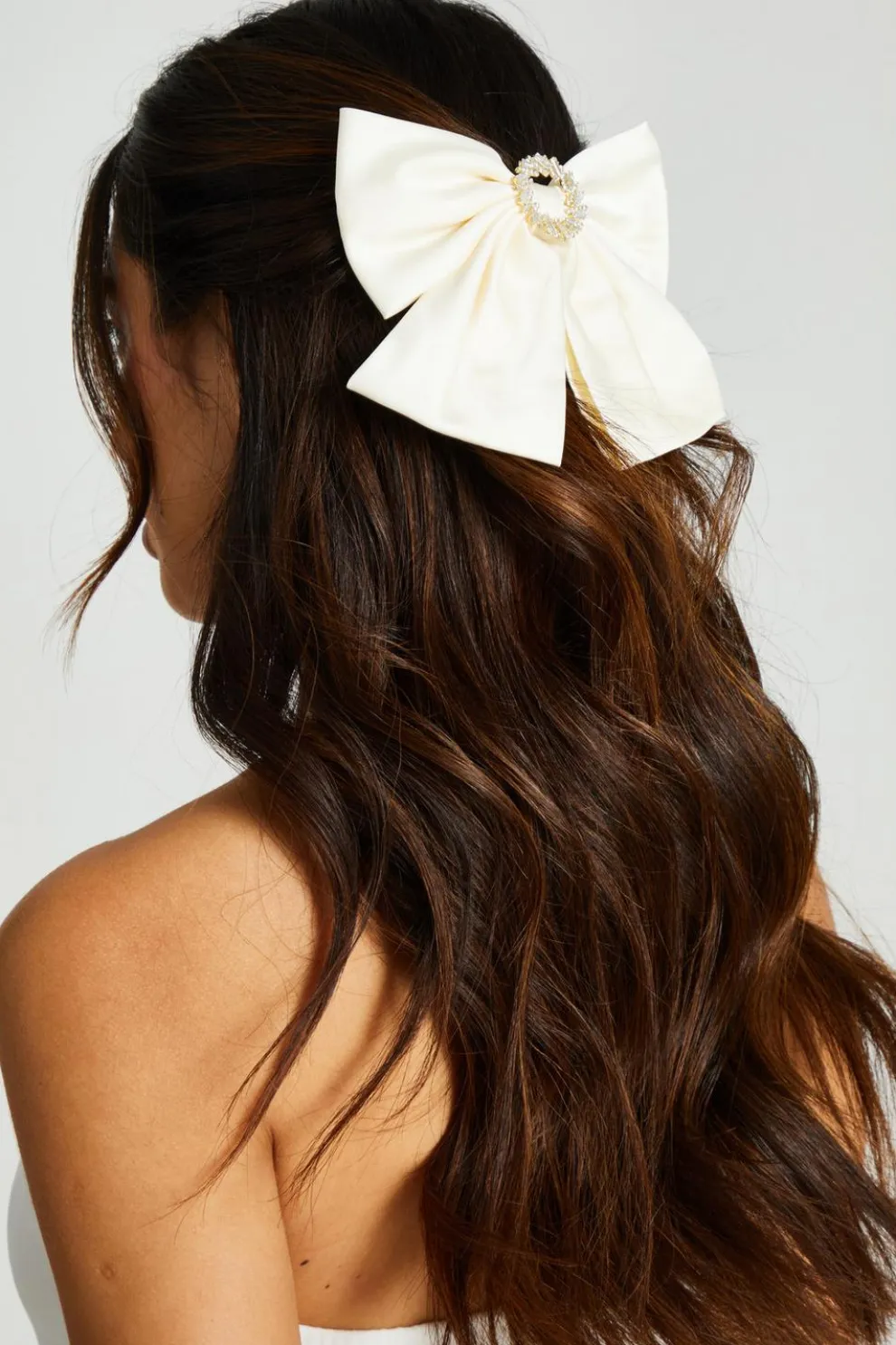 Cream Satin Embellished Hair Bow