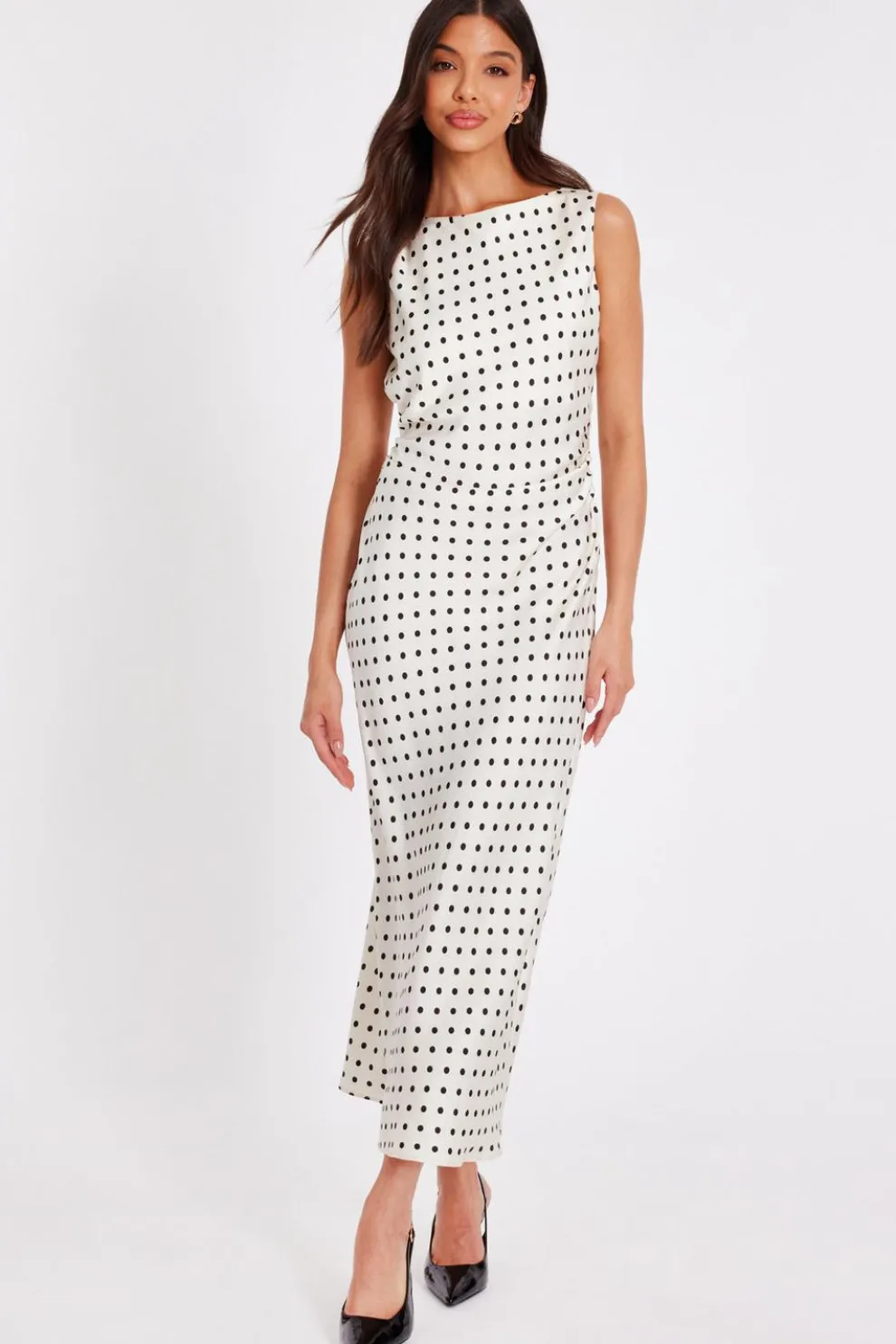 Cream Satin Polka Dot Midaxi Dress