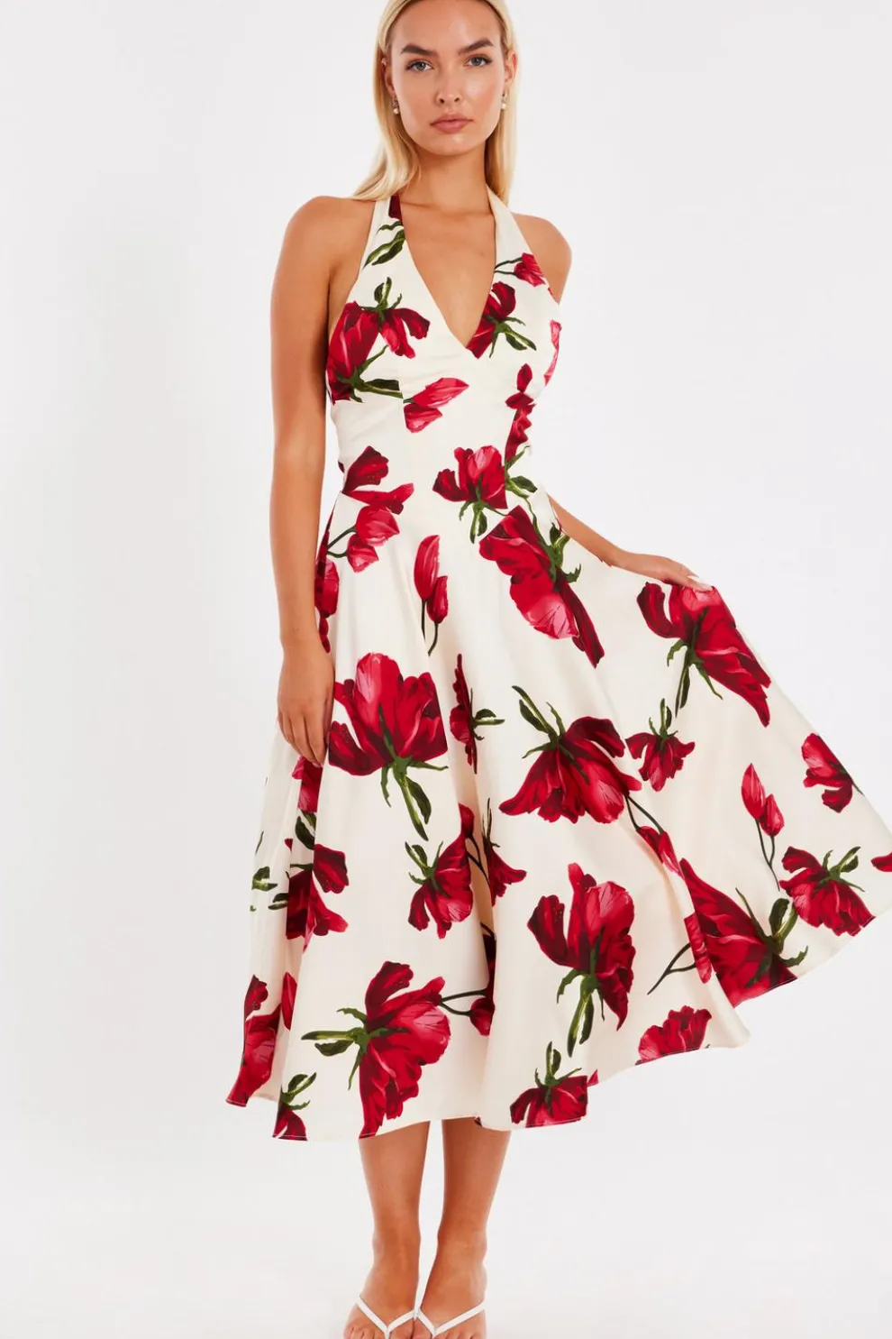 Cream Satin Rose Print Midi Dress