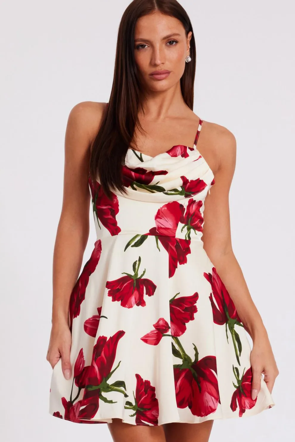 Cream Satin Rose Print Mini Dress