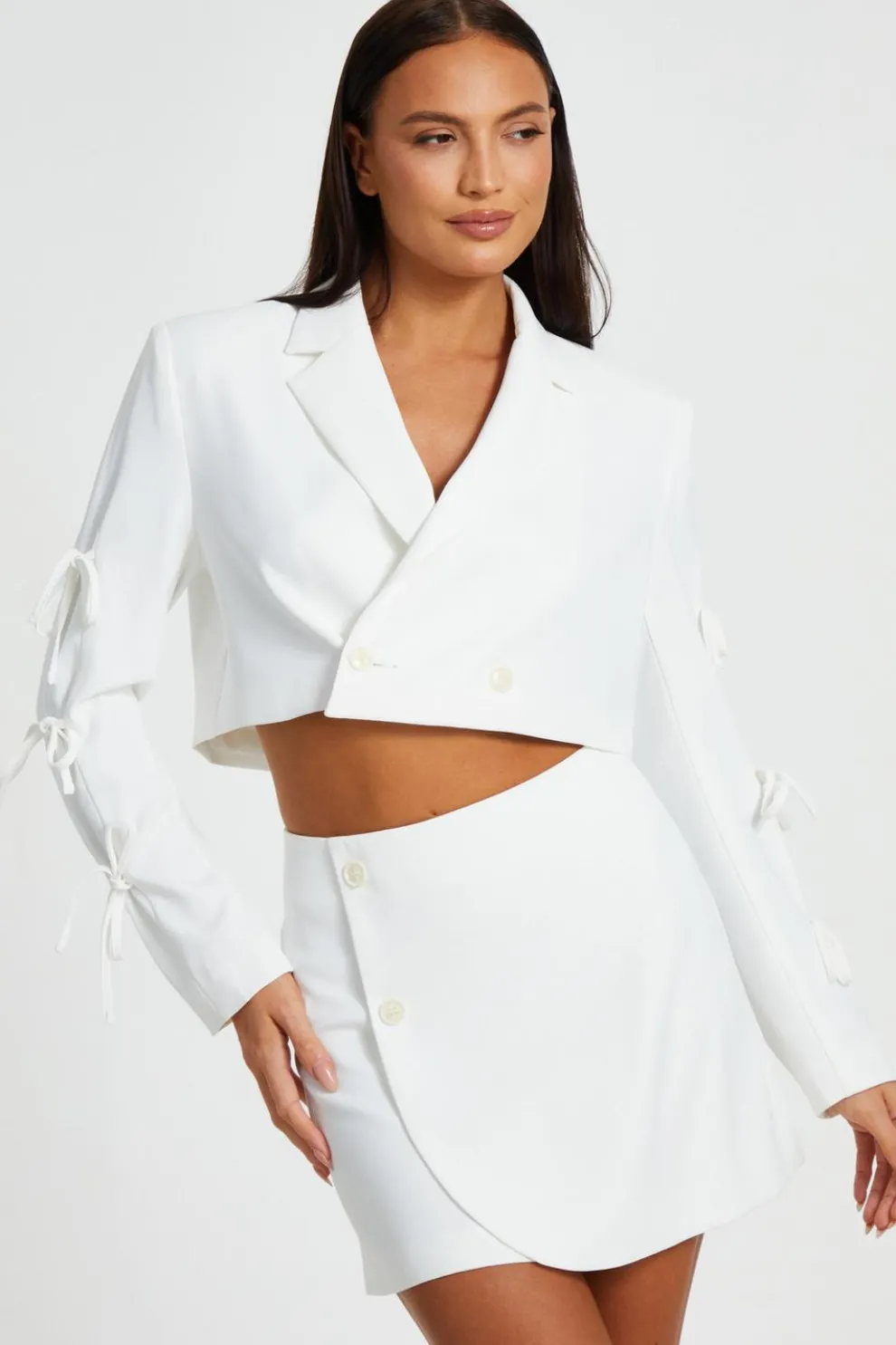 Cream Tie Sleeve Cropped Blazer