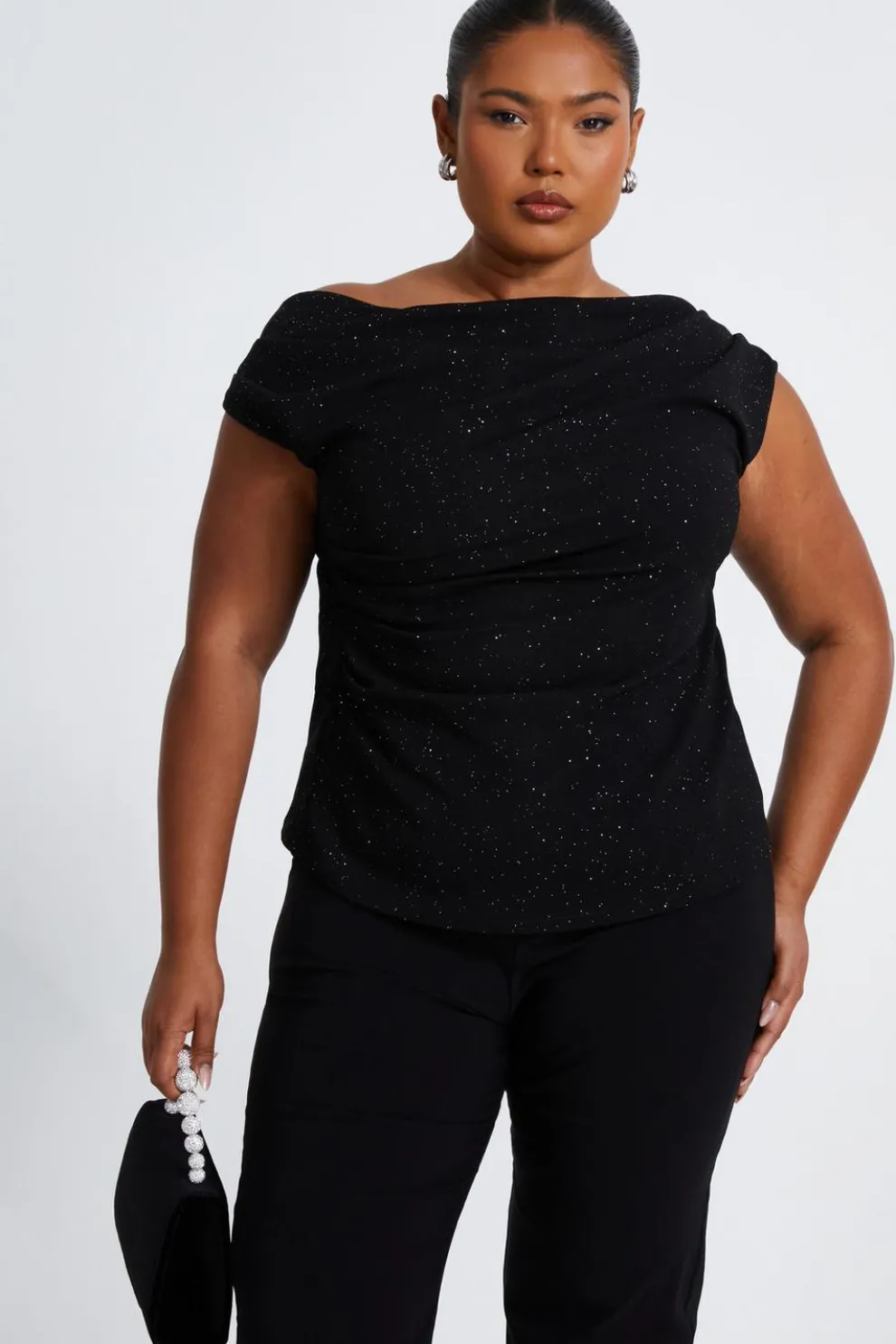 Curve Black Glitter Drape Neck Top