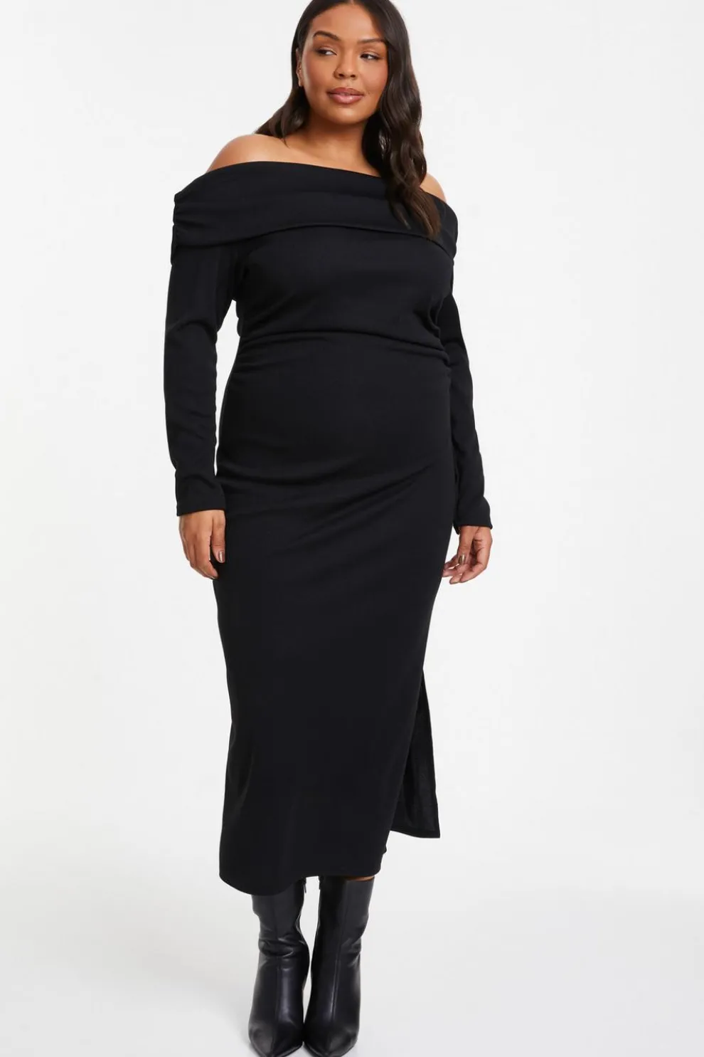 Curve Black Ribbed Bardot Bodycon Midi Dress