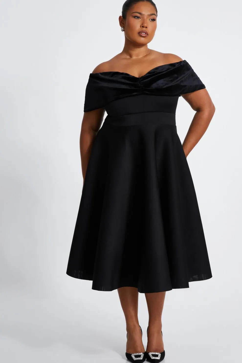 Curve Black Velvet Bardot Skater Dress