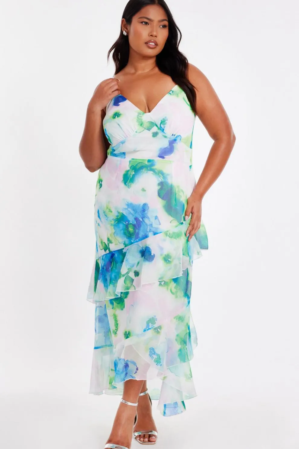 Curve Blue Floral Chiffon Midaxi Dress