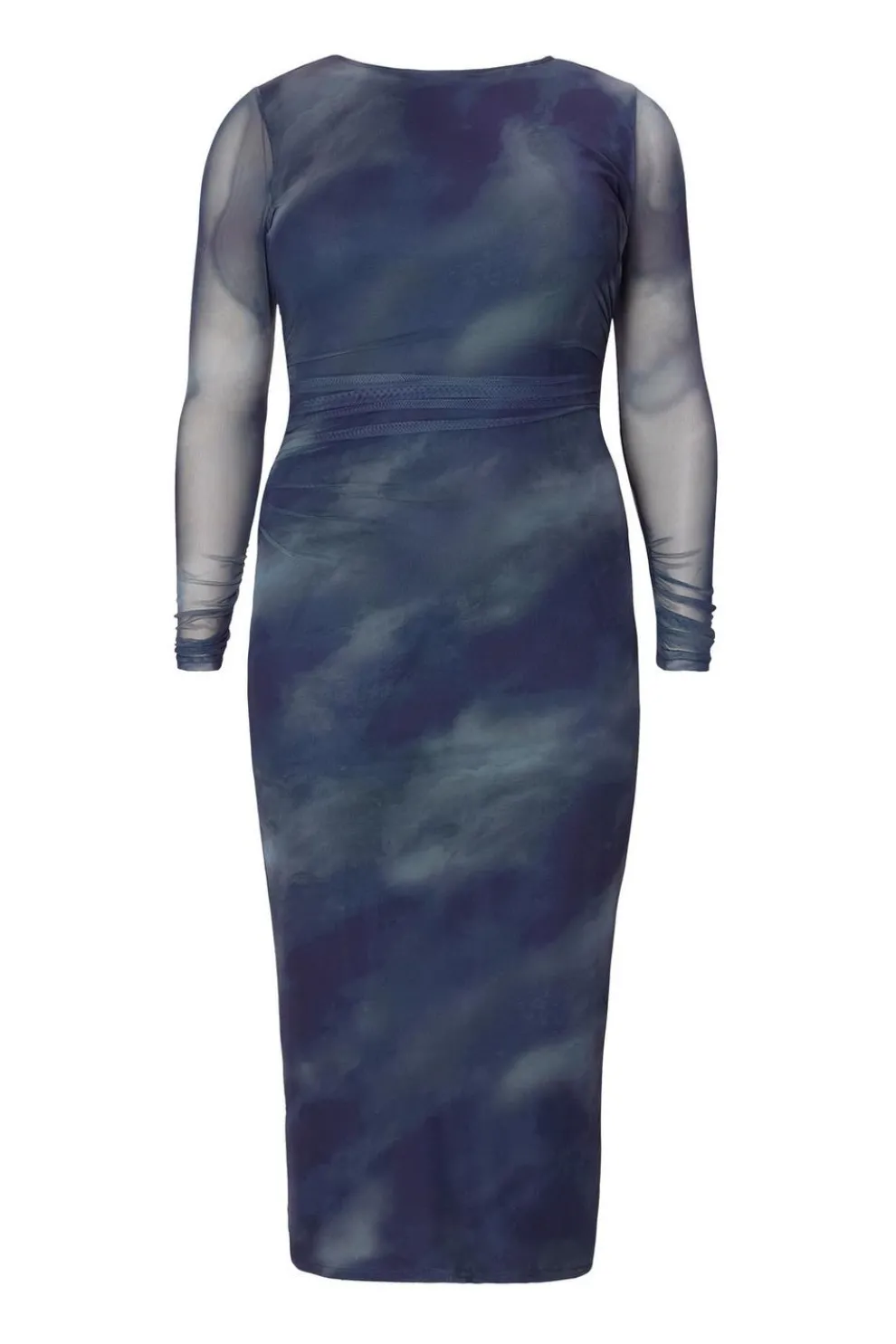 Curve Blue Printed Long Sleeve Midaxi Dress