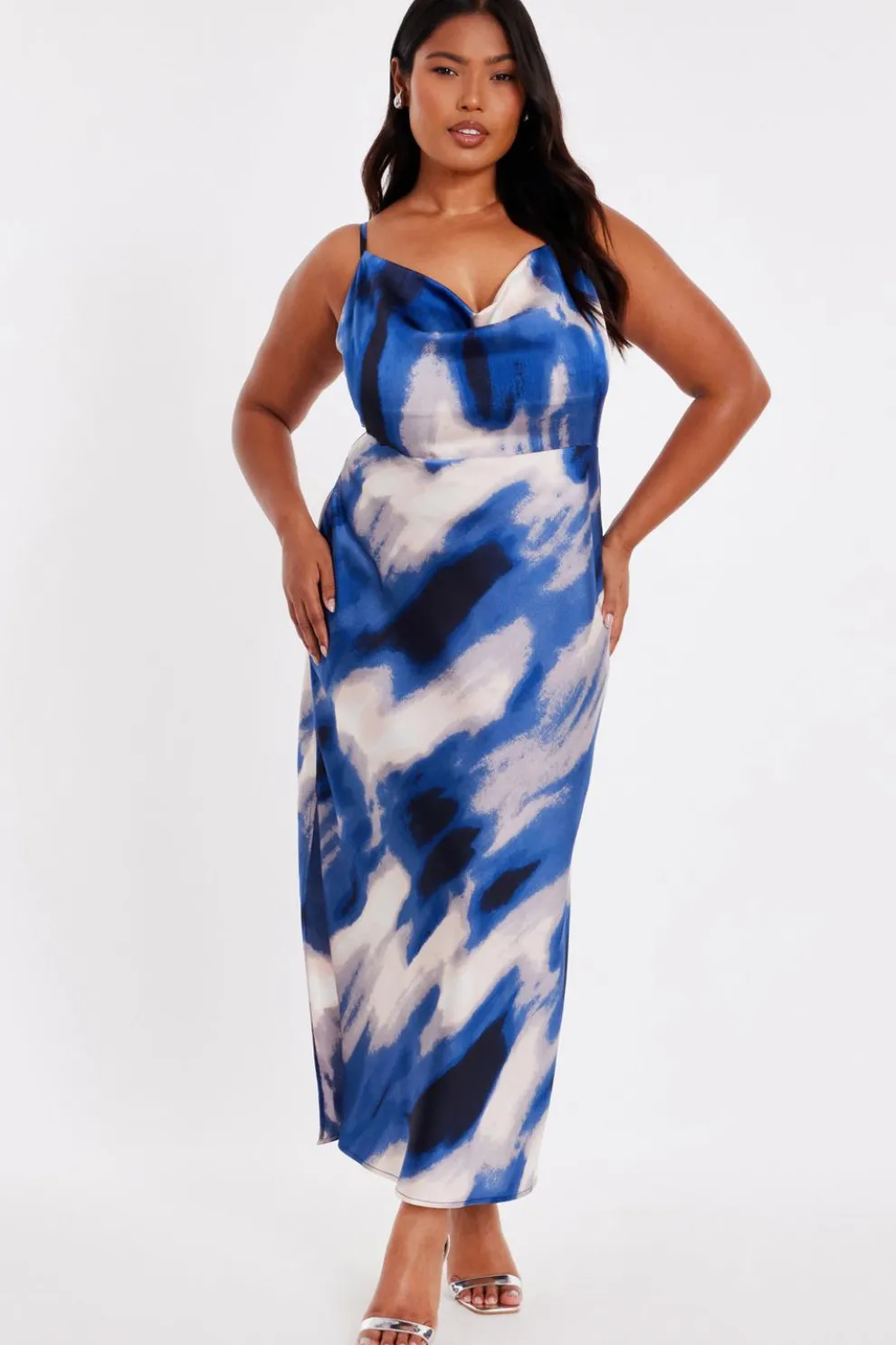 Curve Blue Satin Marble Midaxi Dress