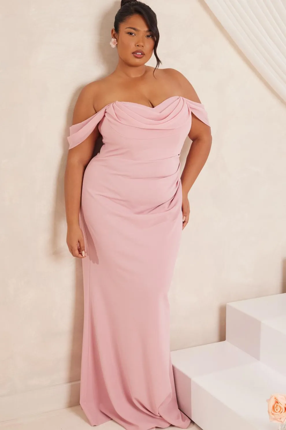 Curve Blush Chiffon Bardot Maxi Dress