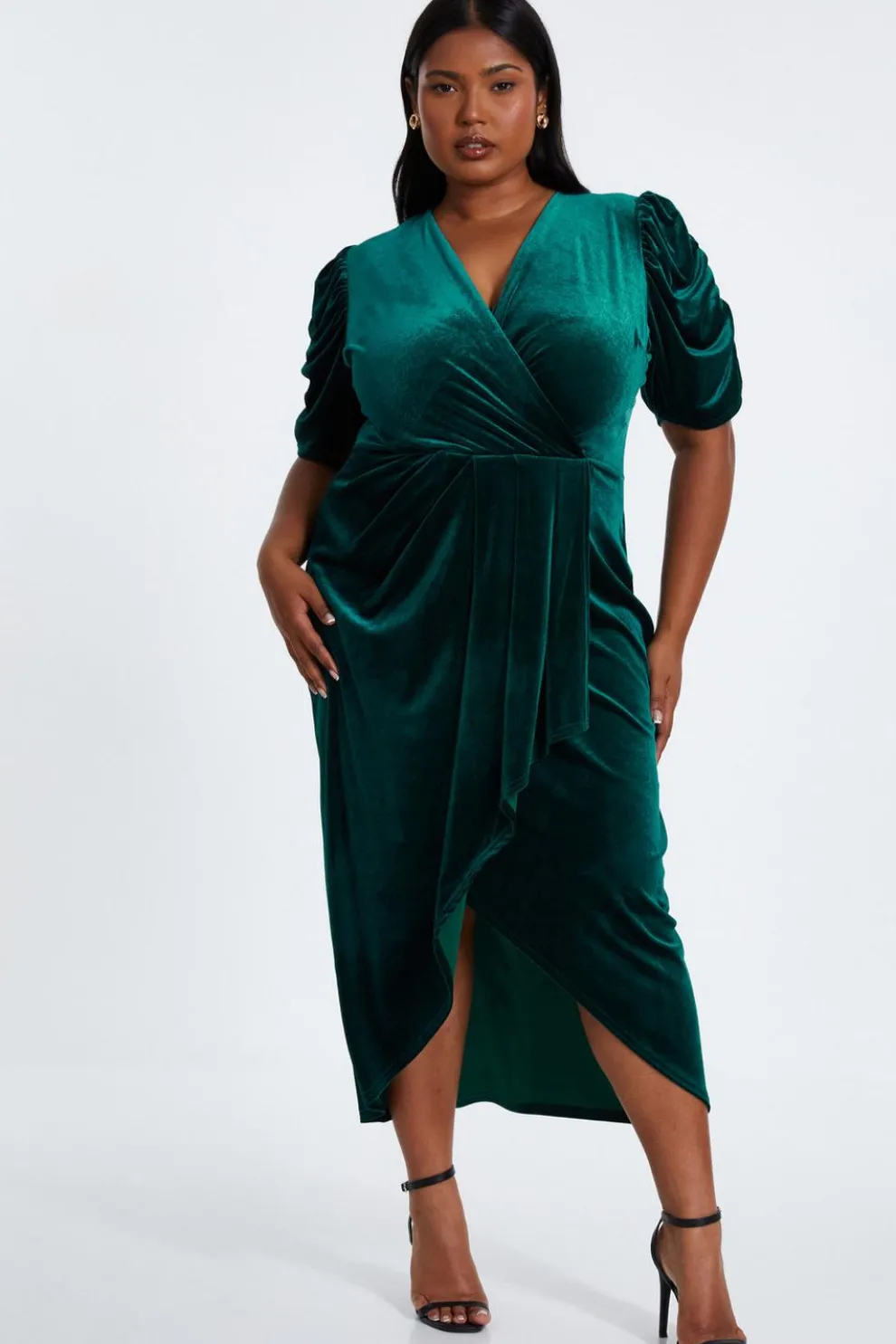 Curve Bottle Green Velvet Wrap Midi Dress