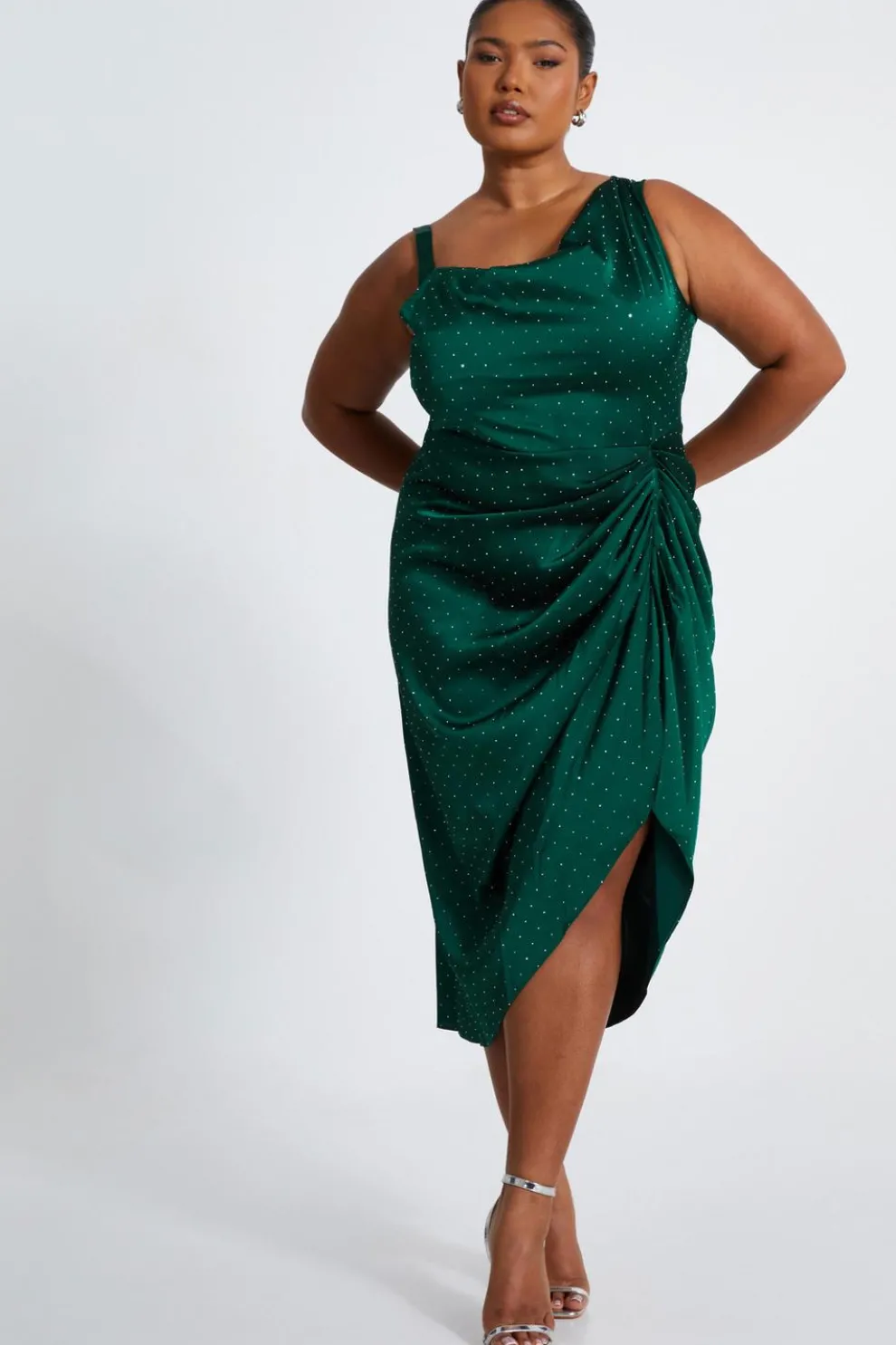 Curve Bottle Green Rhinestone Satin Midi Dress