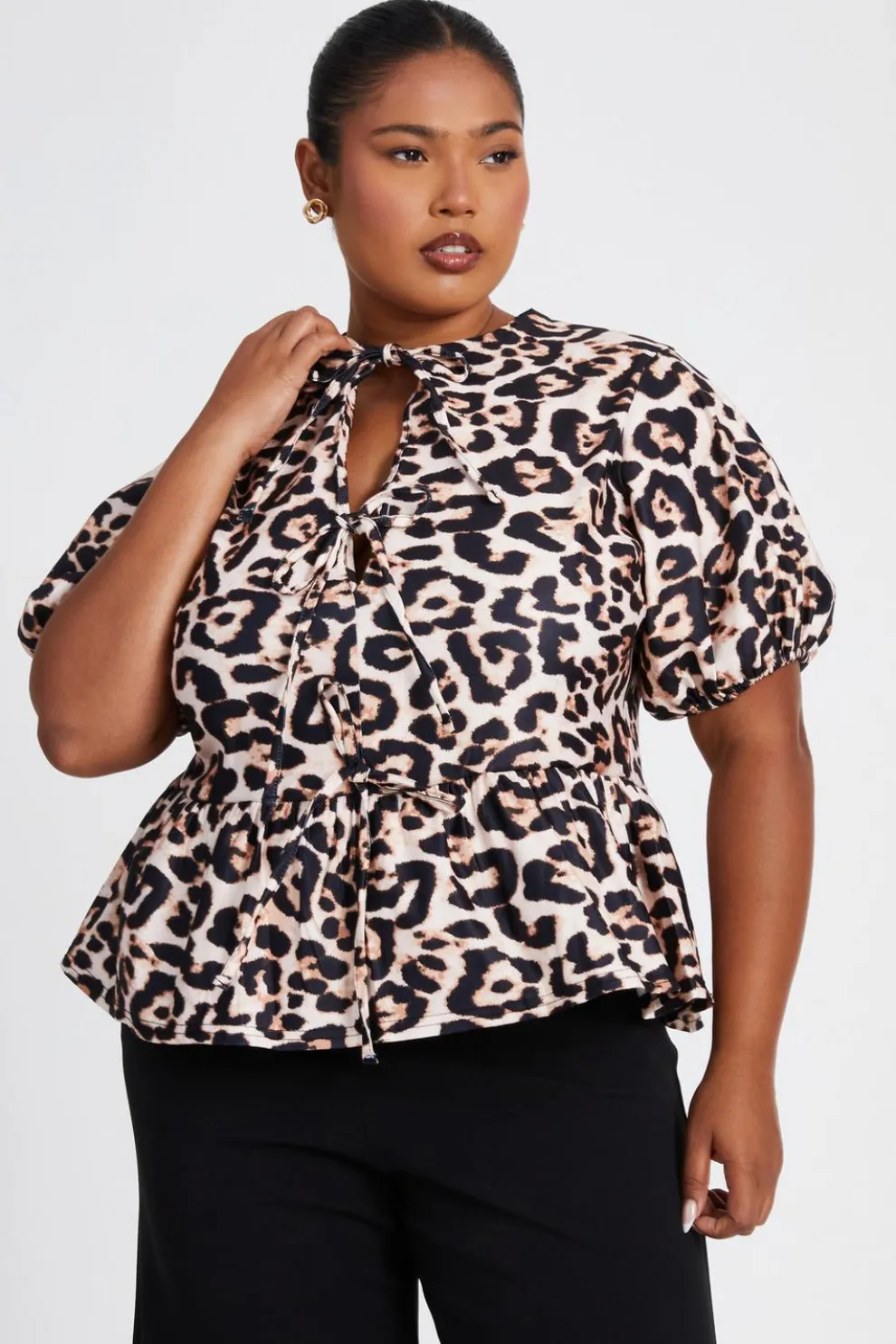 Curve Brown Leopard Print Tie Top