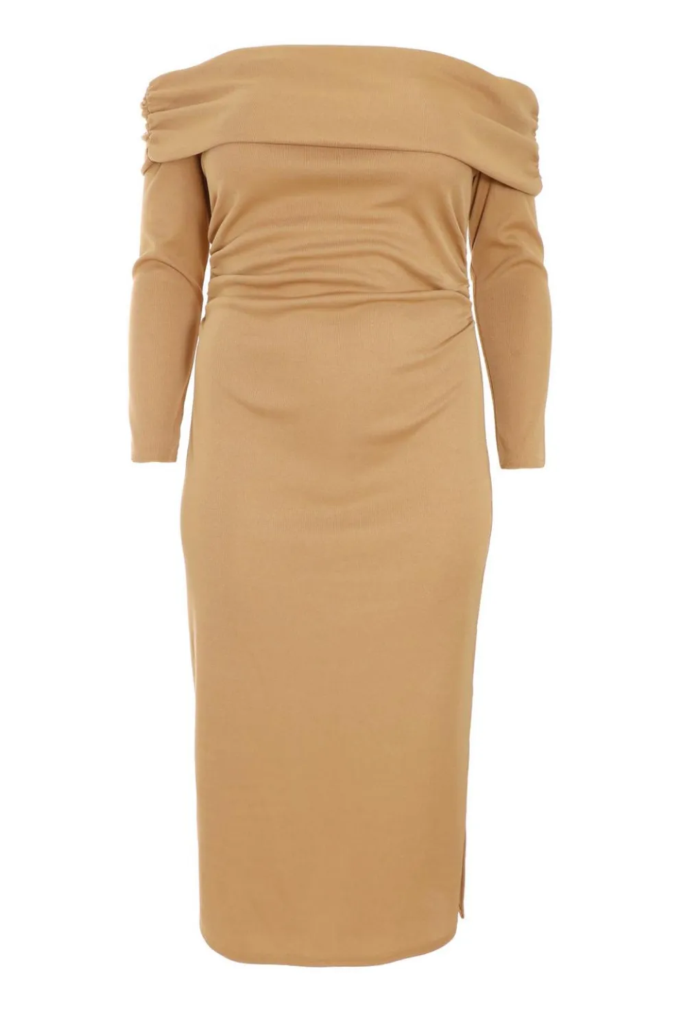 Curve Camel Ribbed Bardot Bodycon Midi Dress