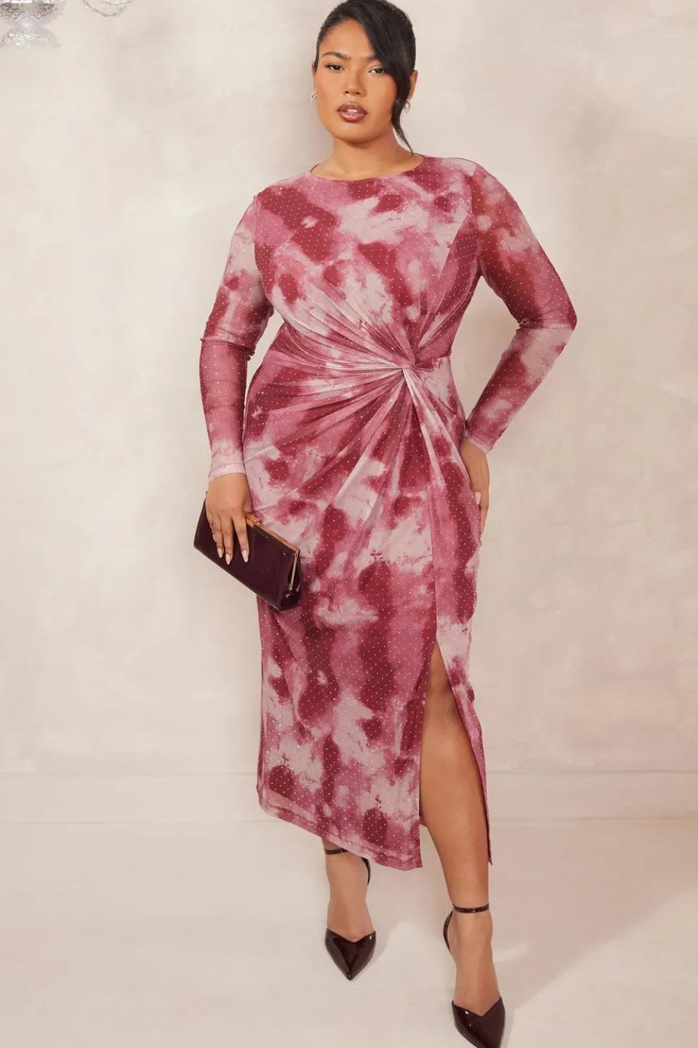 Curve Dark Pink Marble Print Midaxi Dress