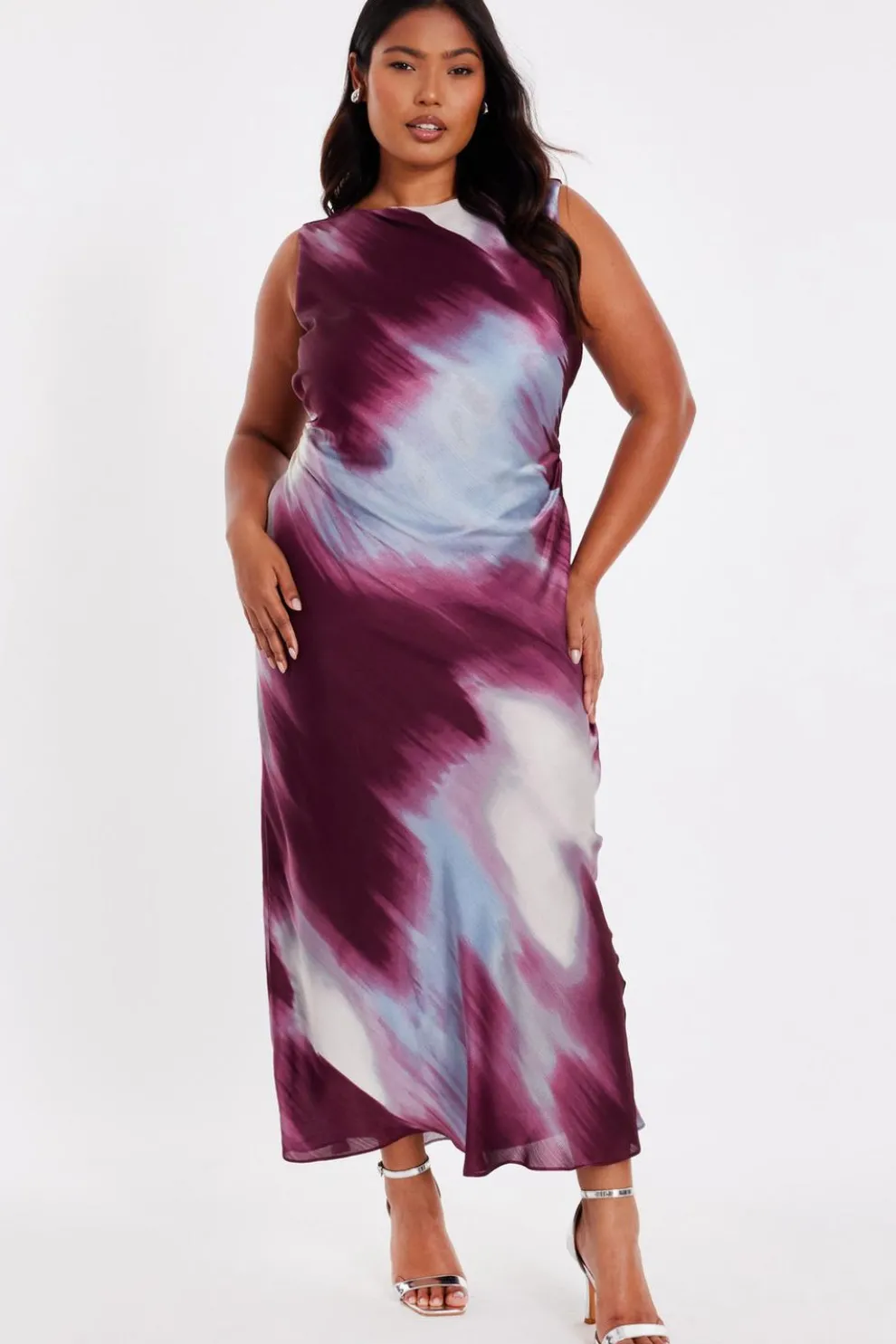 Curve Dark Red Printed Satin Midaxi Dress