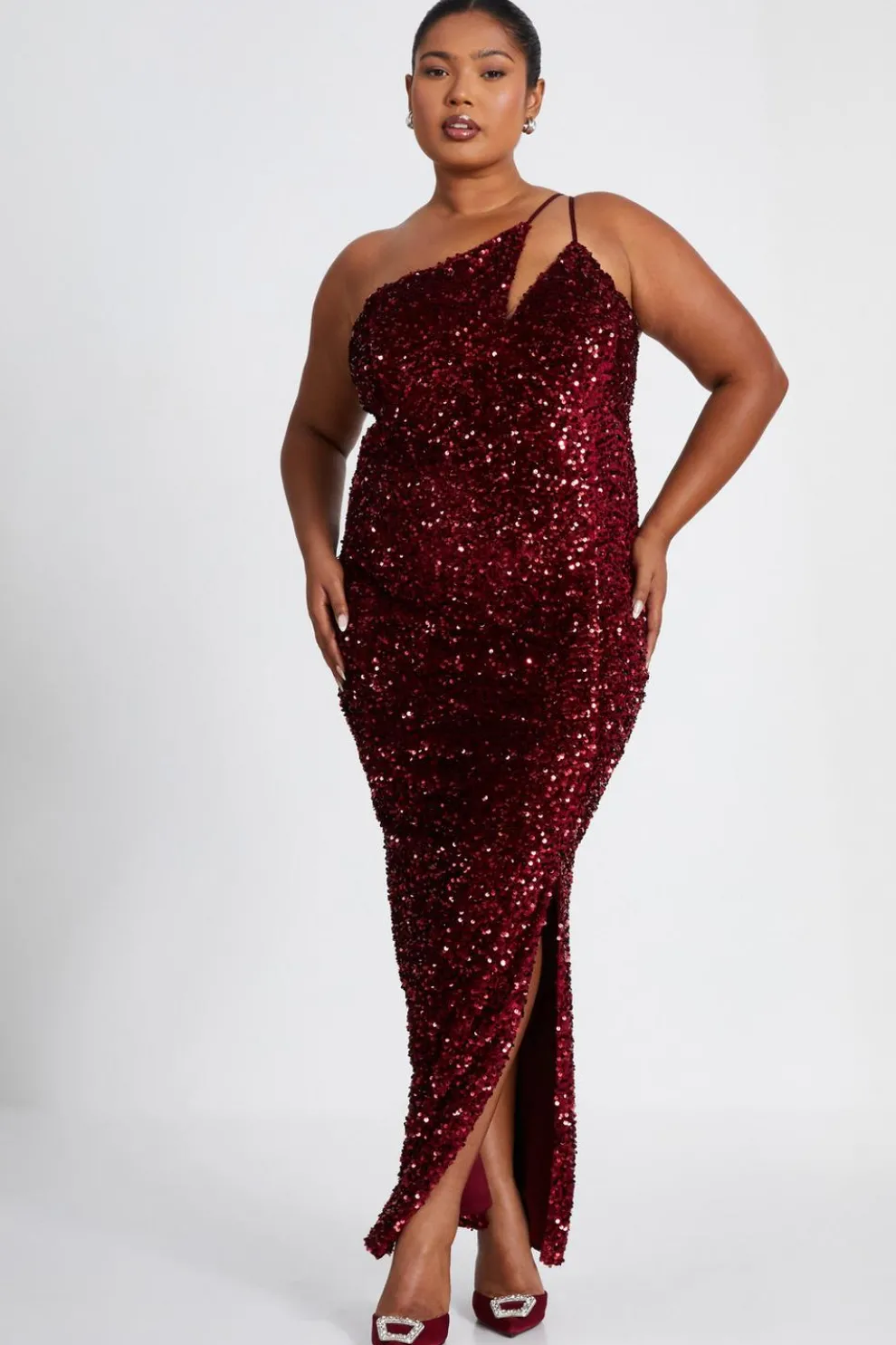 Curve Dark Red Sequin Maxi Dress