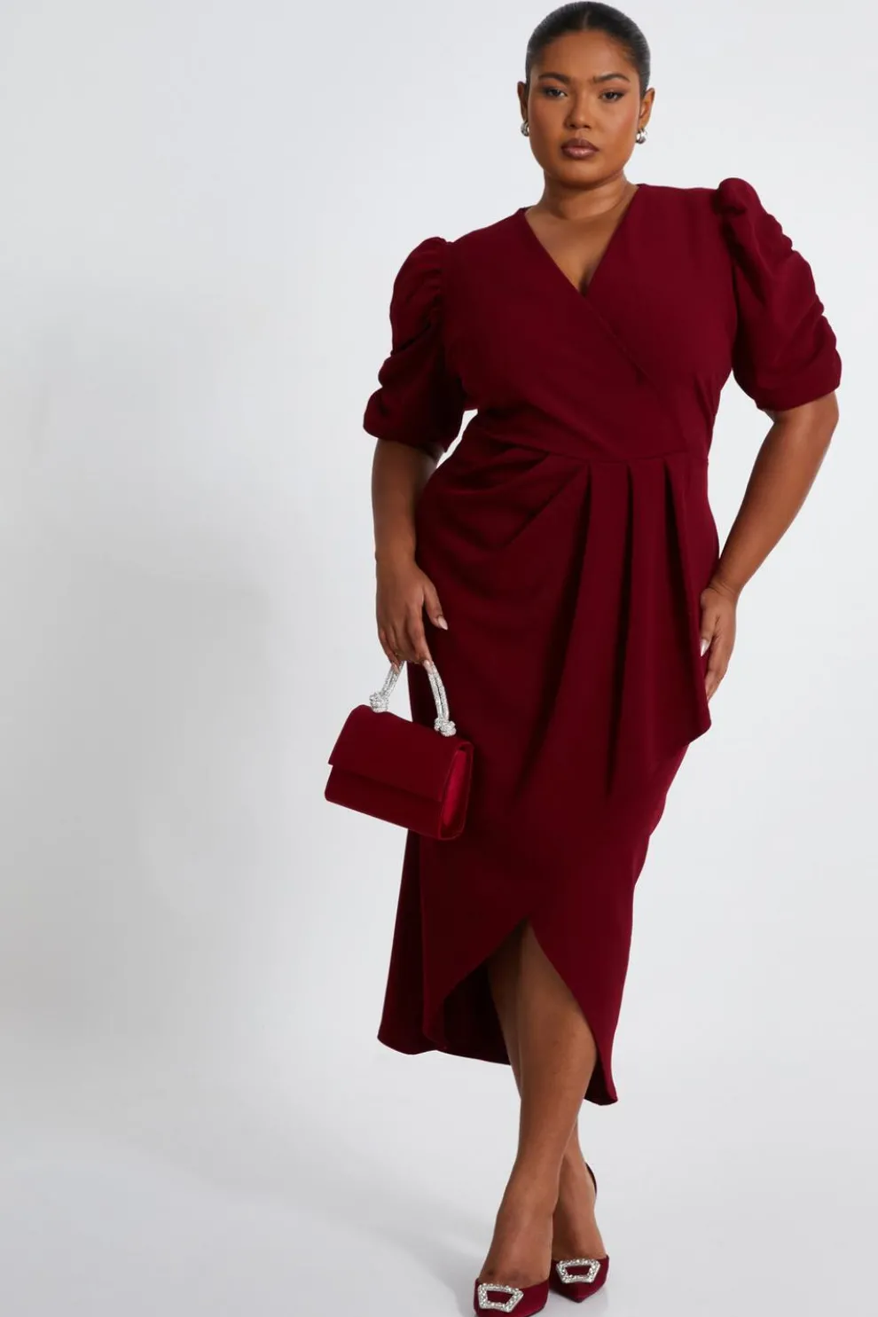Curve Dark Red Wrap Midi Dress