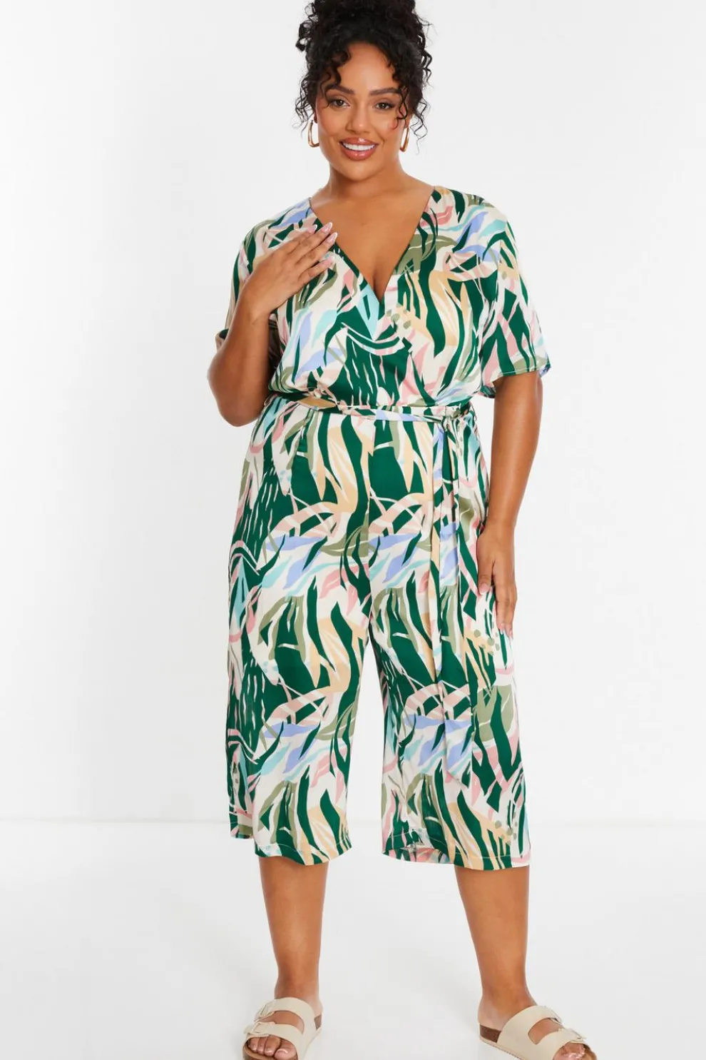 Curve Green Tropical Wrap Culotte Jumpsuit