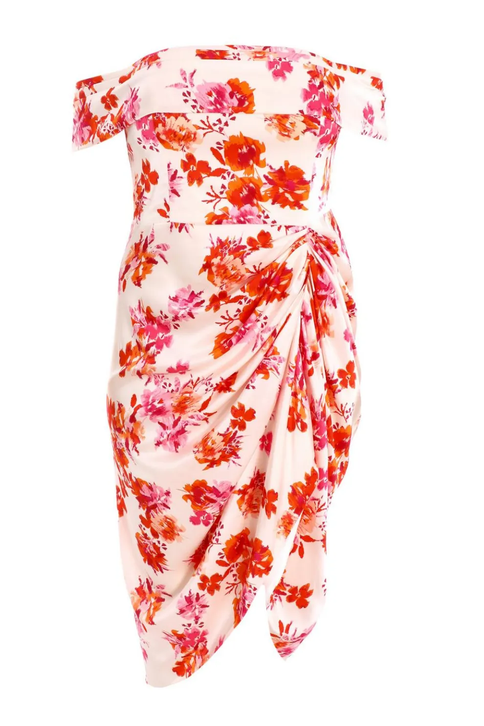 Curve Ivory Floral Bardot Ruched Midi Dress