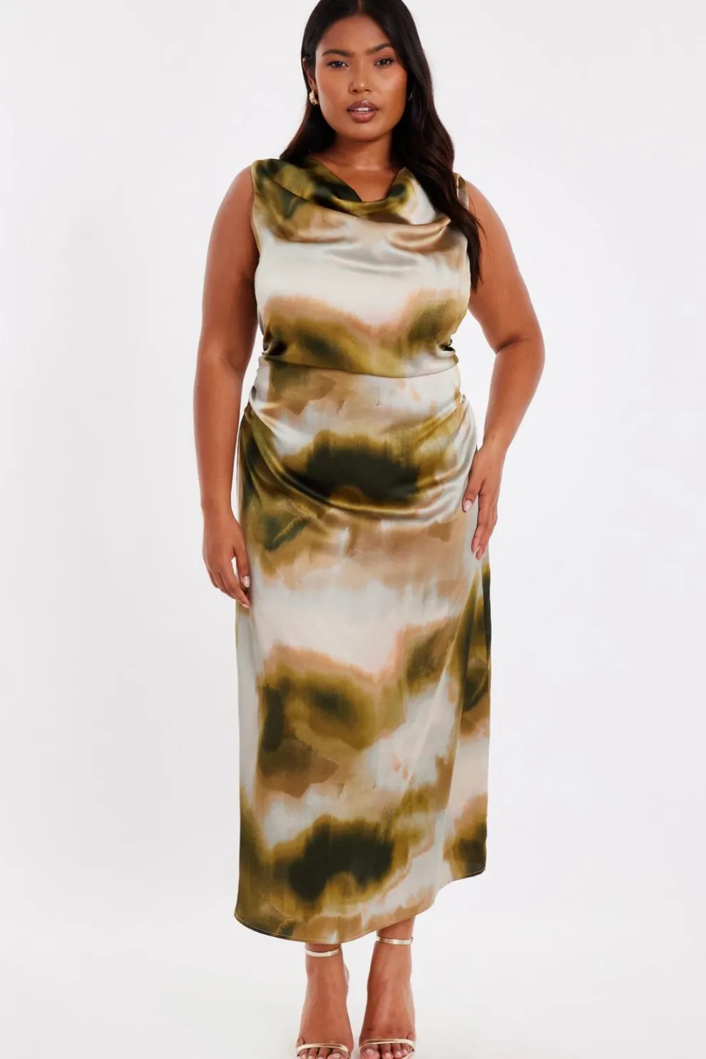 Curve Khaki Printed Satin Midaxi Dress