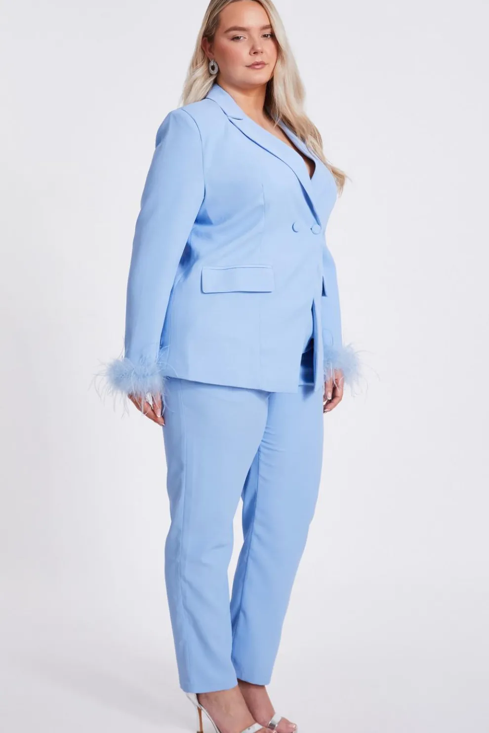 Curve Light Blue Feather Trim Blazer