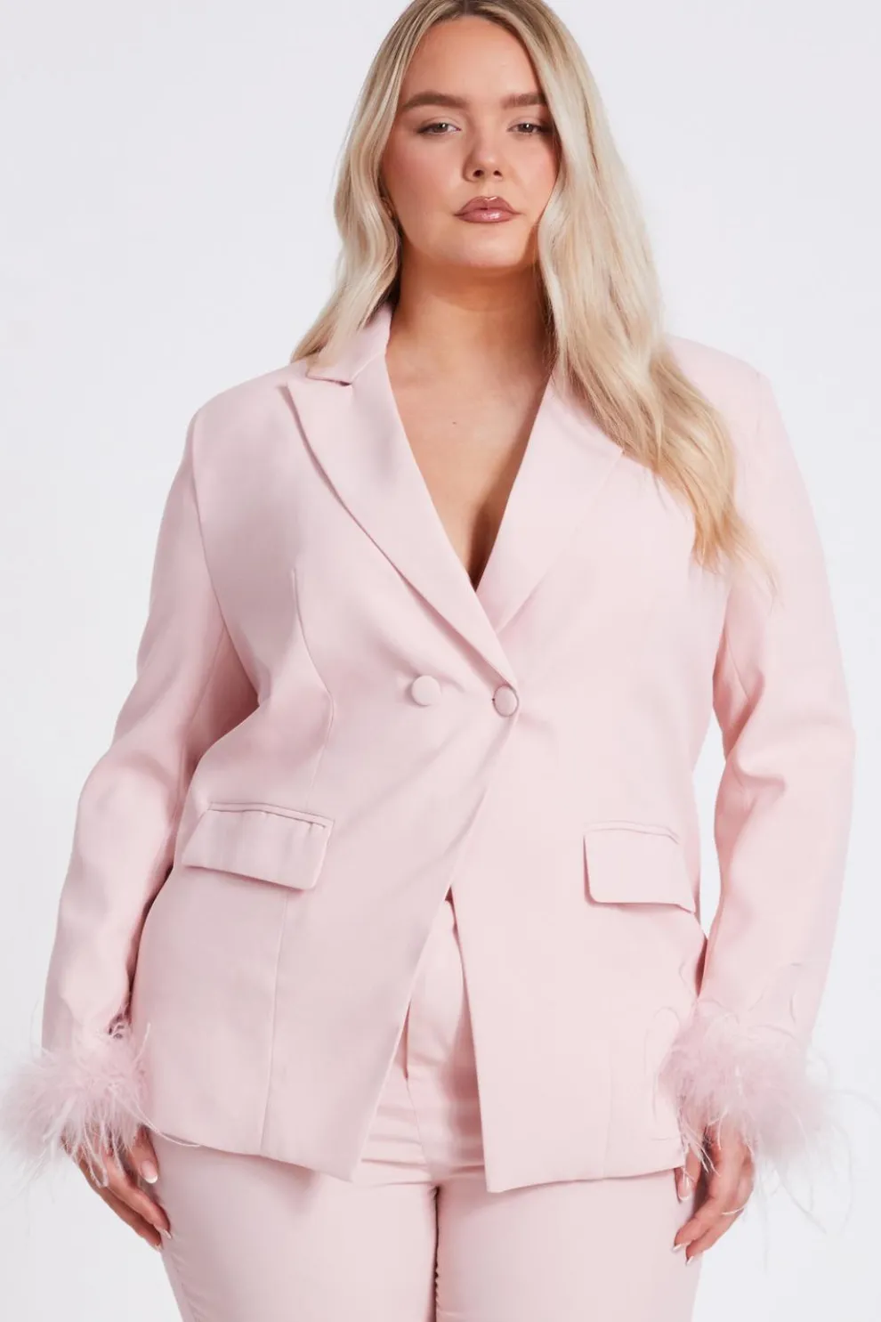 Curve Light Pink Feather Trim Blazer