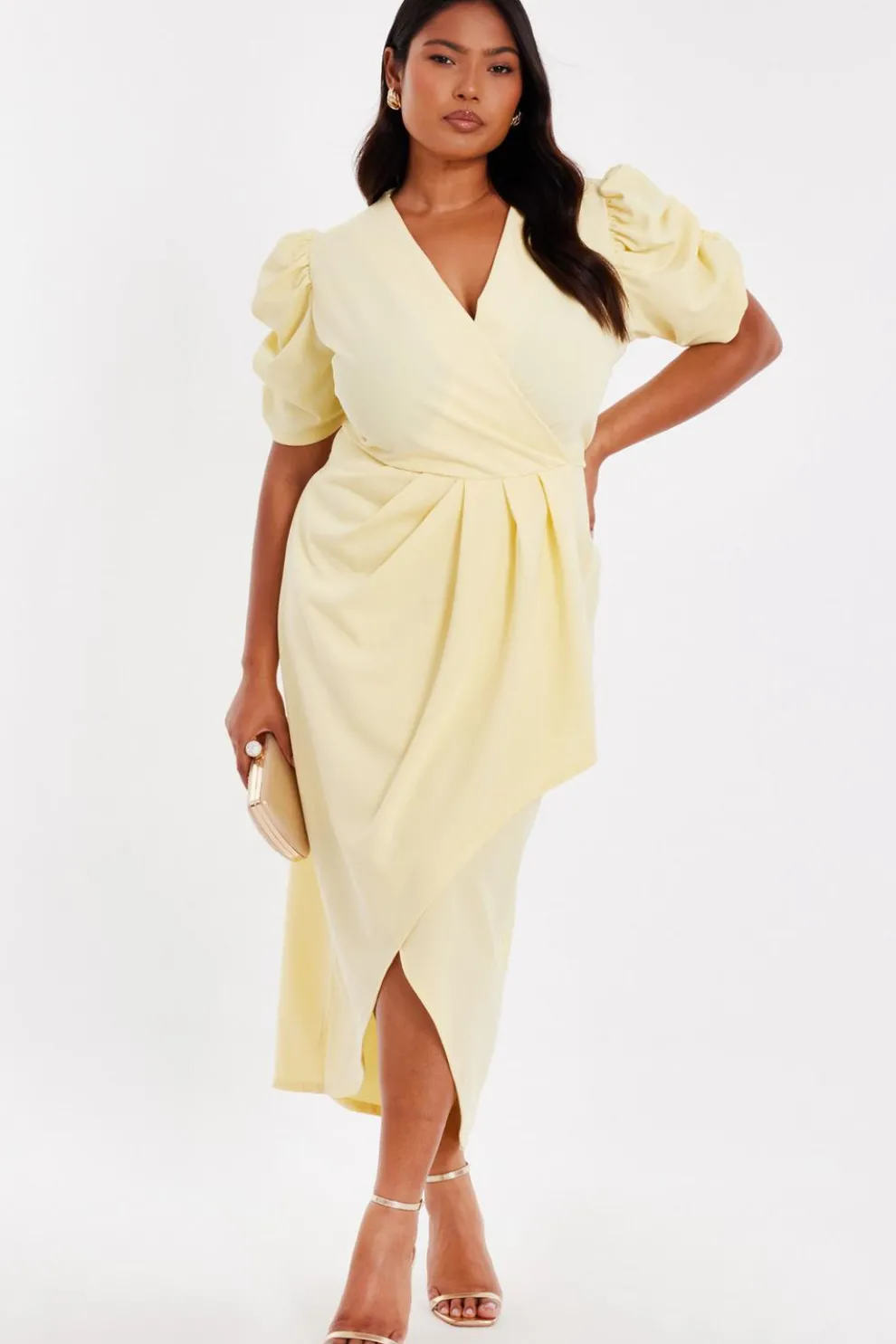 Curve Light Yellow Wrap Midi Dress