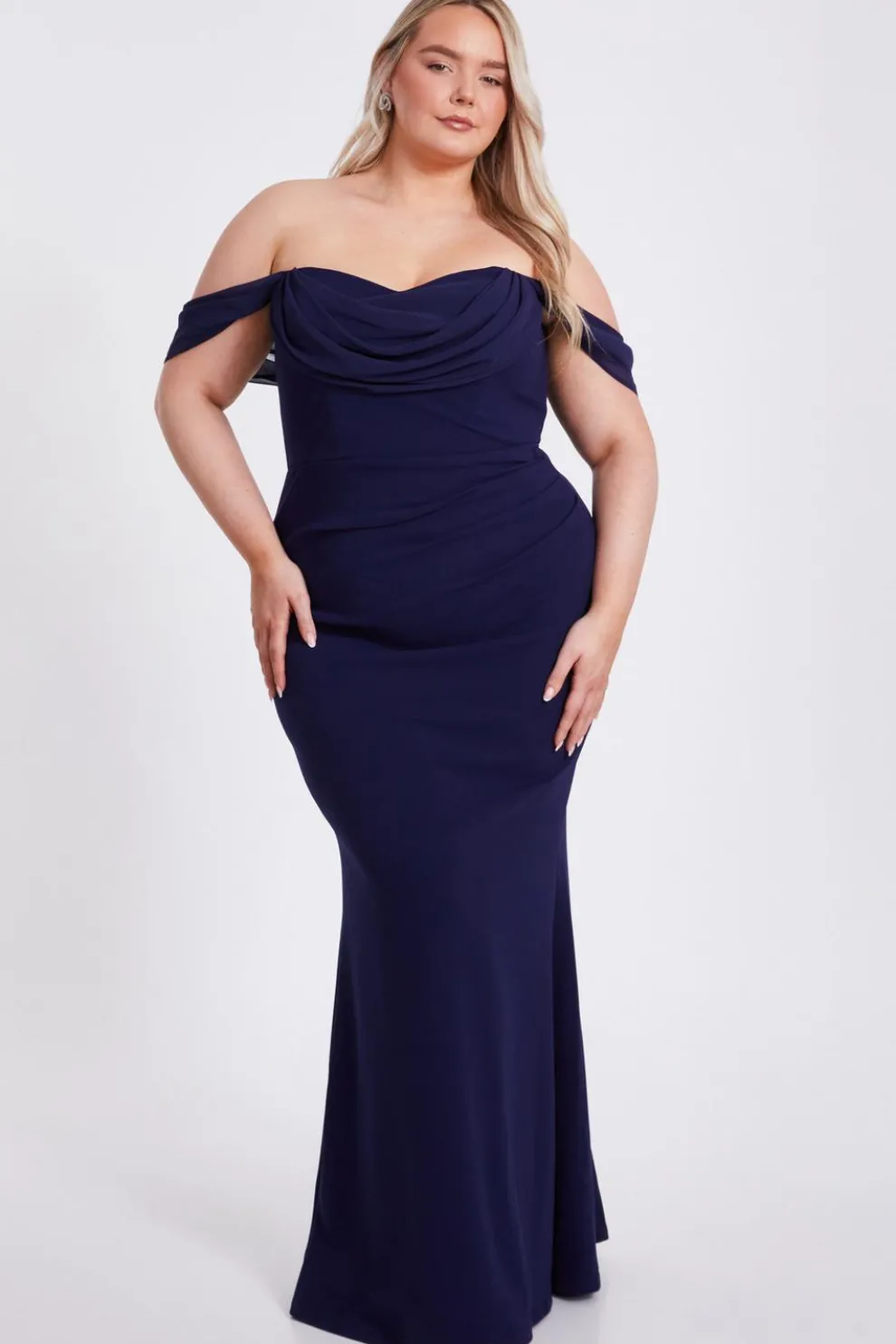 Curve Navy Chiffon Bardot Maxi Dress