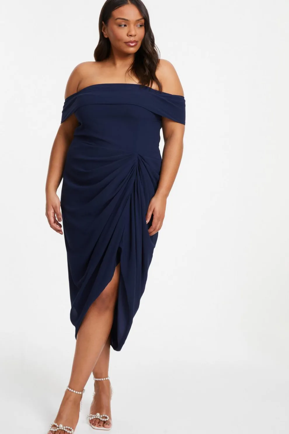 Curve Navy Chiffon Bardot Midi Dress