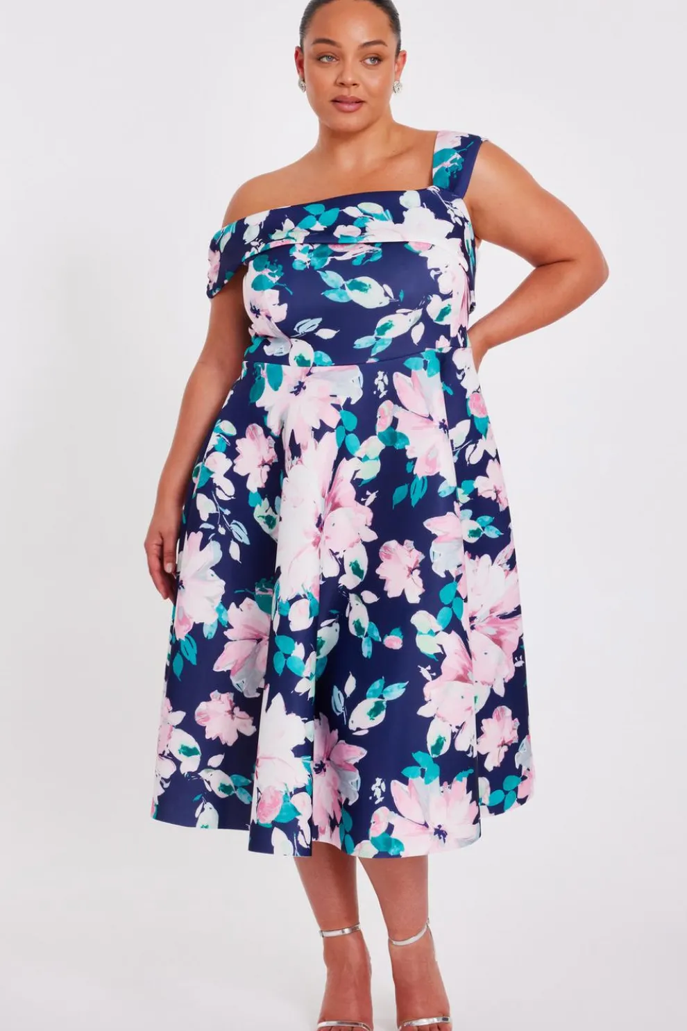 Curve Navy Floral Print Skater Dress