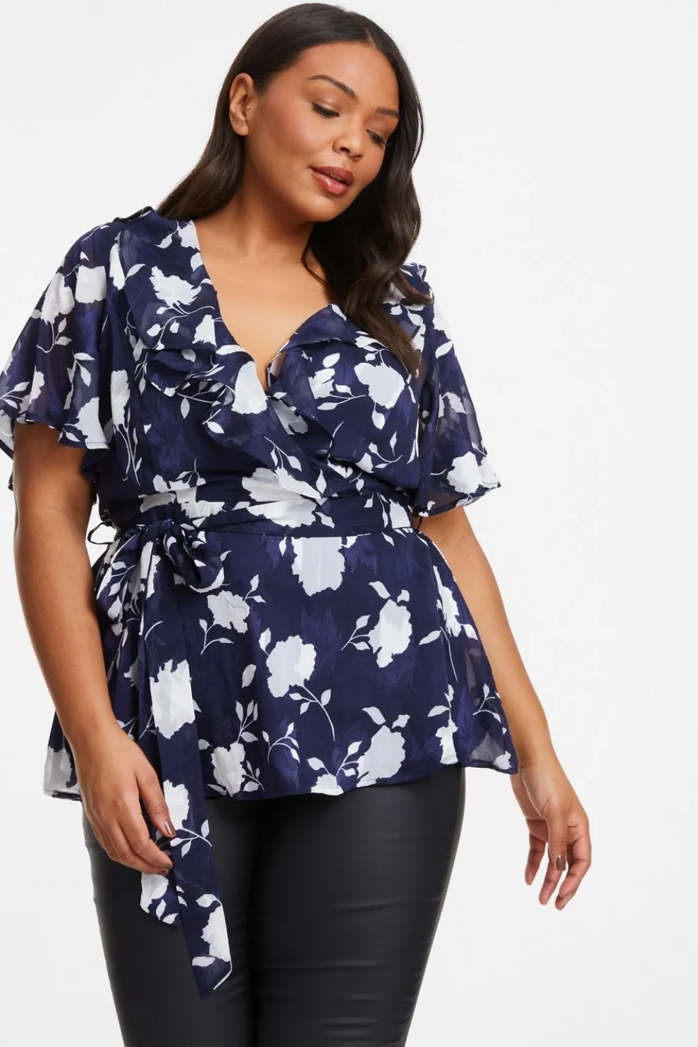 Curve Navy Floral Wrap Frill Peplum Top