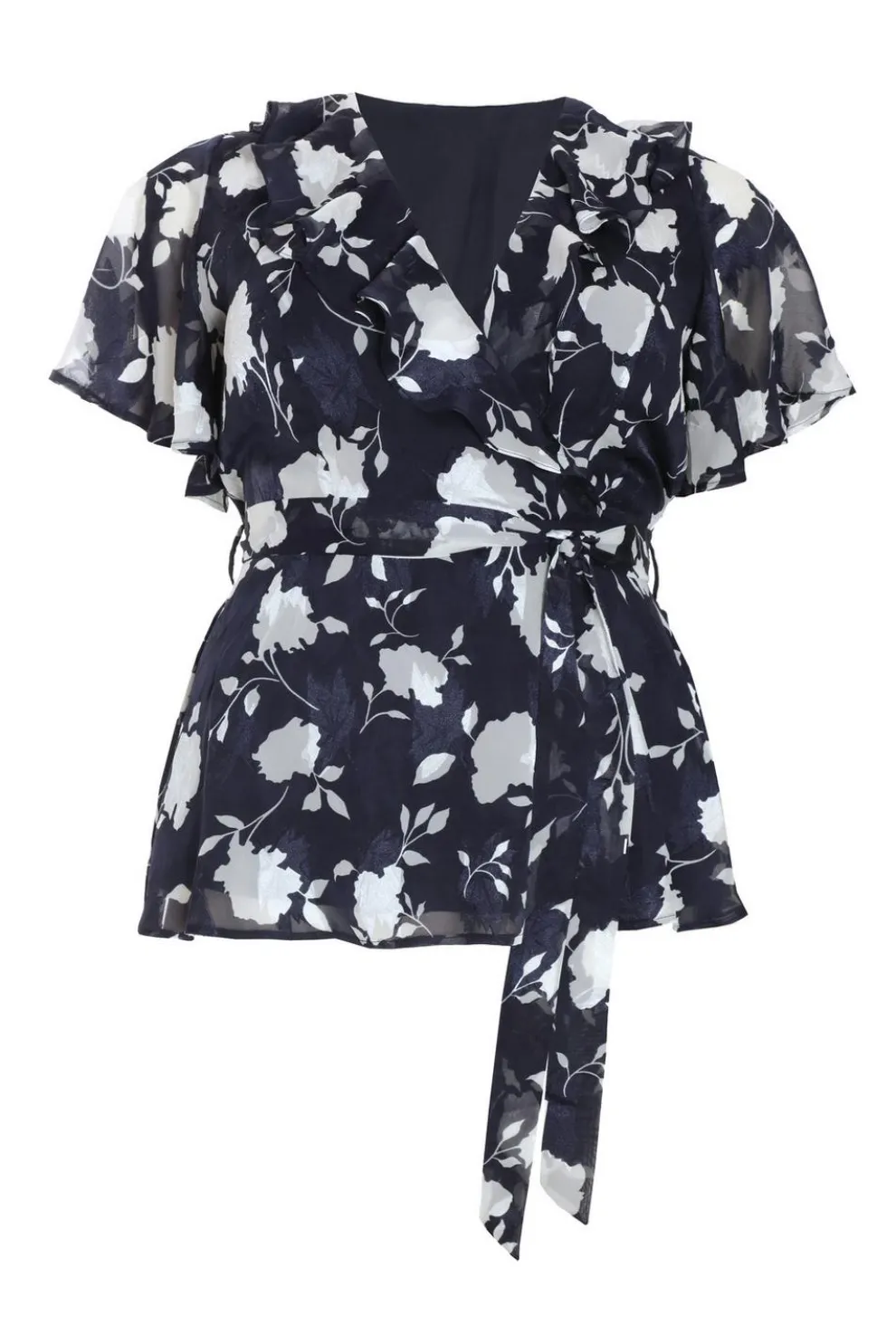 Curve Navy Floral Wrap Frill Peplum Top