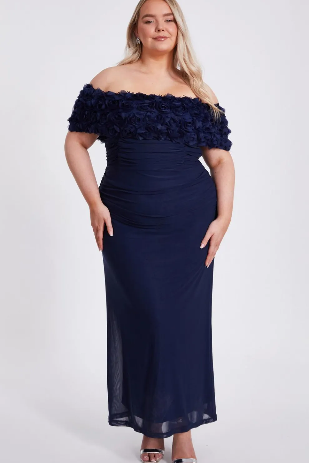 Curve Navy Mesh Bardot Midaxi Dress