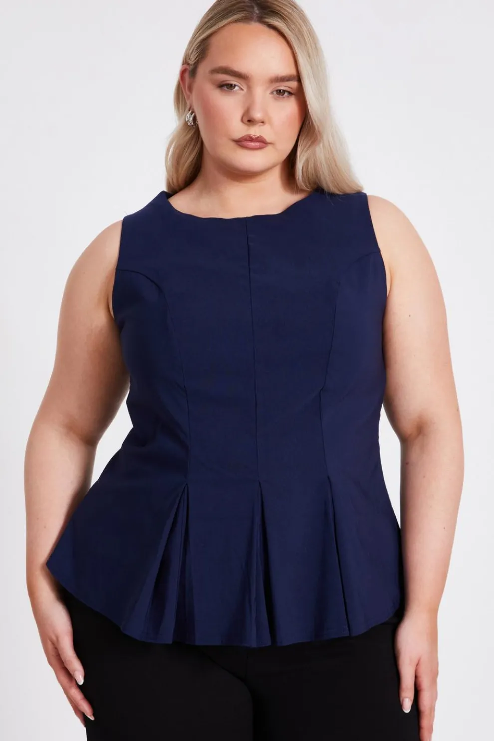 Curve Navy Pleated Peplum Top