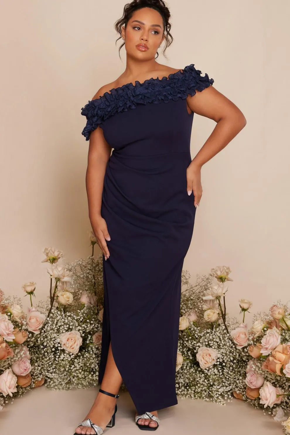 Curve Navy Ruffle Bardot Maxi Dress